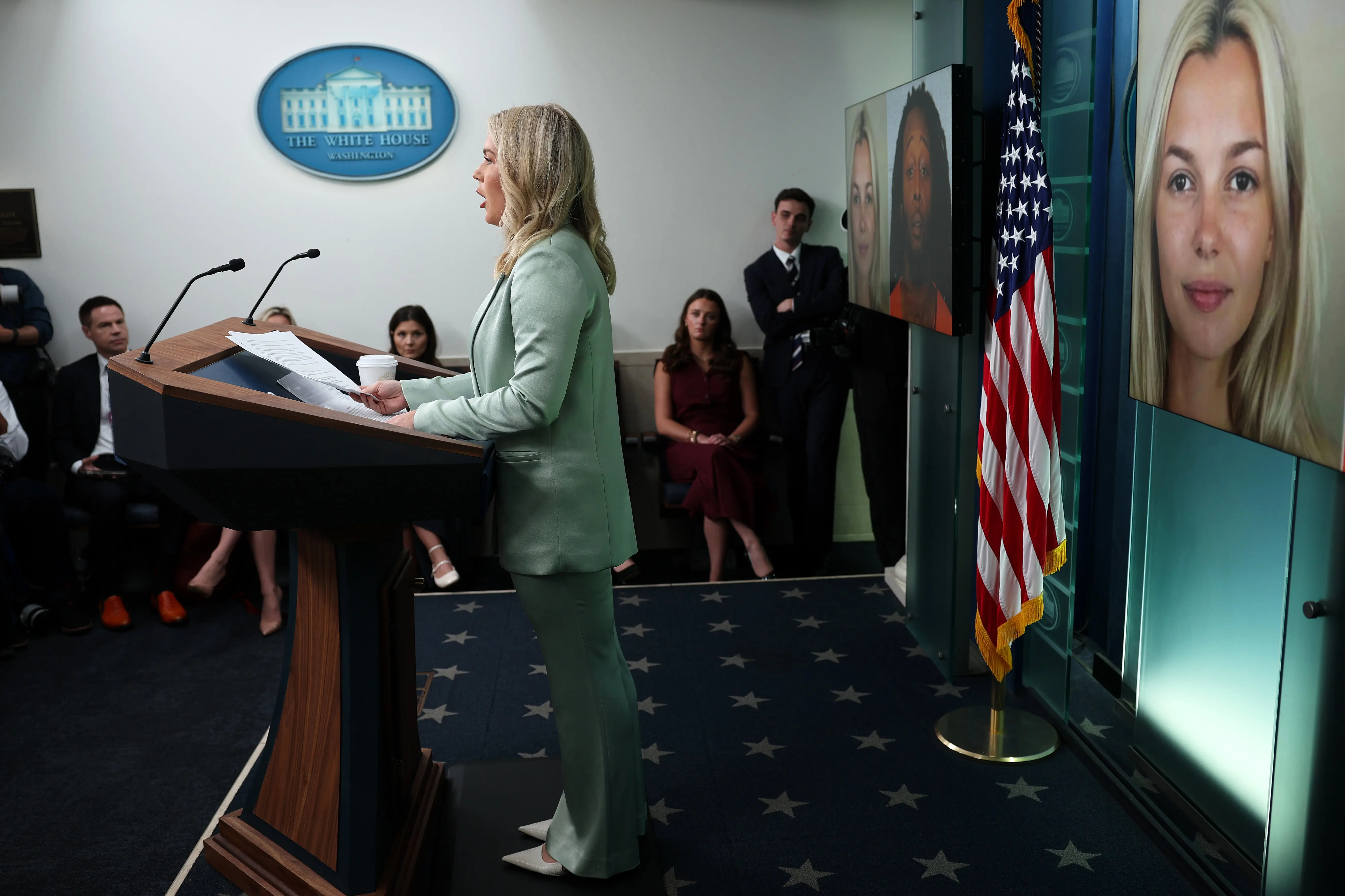 WASHINGTON, DC - SEPTEMBER 09: White House Press Secretary Karoline Leavitt speaks about the killing of Ukrainian refugee Iryna Zarutska (R) during a daily press briefing in the Brady Press Briefing Room at the White House on September 9, 2025 in Washington, DC. Leavitt discussed a range of topics during the briefing including recent immigration enforcement actions by the Trump administration and the release of new documents related to the Jeffrey Epstein investigation by a Congressional committee yesterday.  (Photo by Win McNamee/Getty Images)