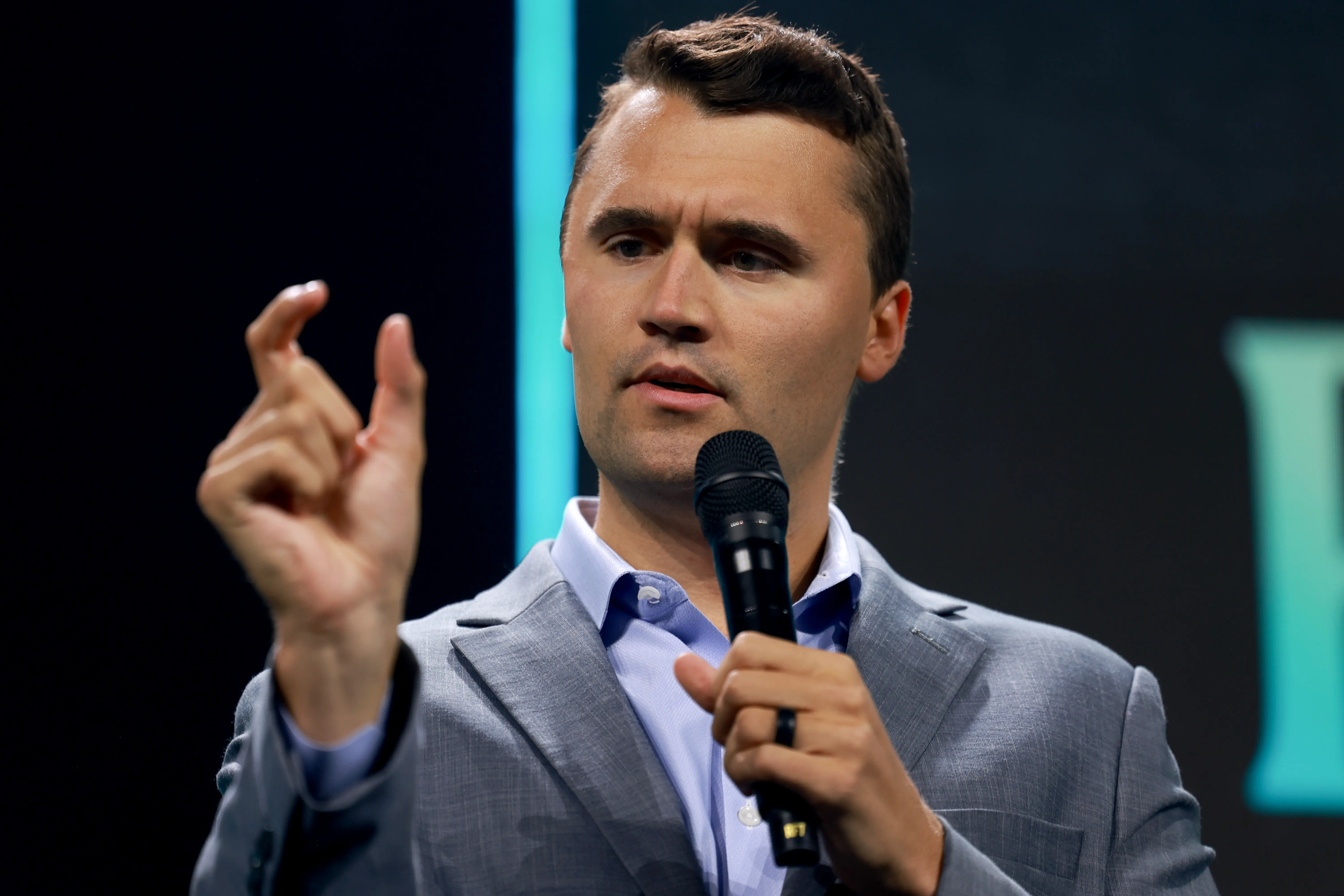 WEST PALM BEACH, FLORIDA—JULY 26: Charlie Kirk, who founded Turning Point USA, speaks before former President Donald Trump's arrival during a Turning Point USA Believers Summit conference at the Palm Beach Convention Center on July 26, 2024 in West Palm Beach, Florida. Trump had earlier in the day met with Israeli Prime Minister Benjamin Netanyahu at Mar-a-Lago.  (Photo by Joe Raedle/Getty Images)