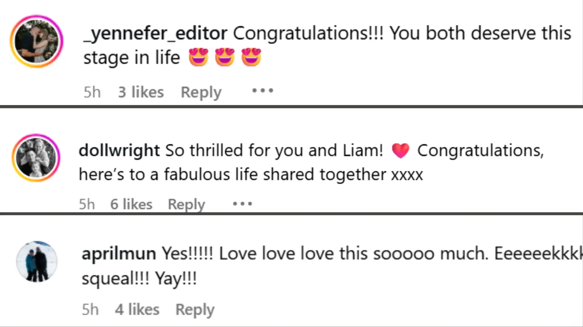 Social media users racting to Liam Hemsworth and Gabriella Brooks's engagement (Image via Instagram/@gabriella_brooks)