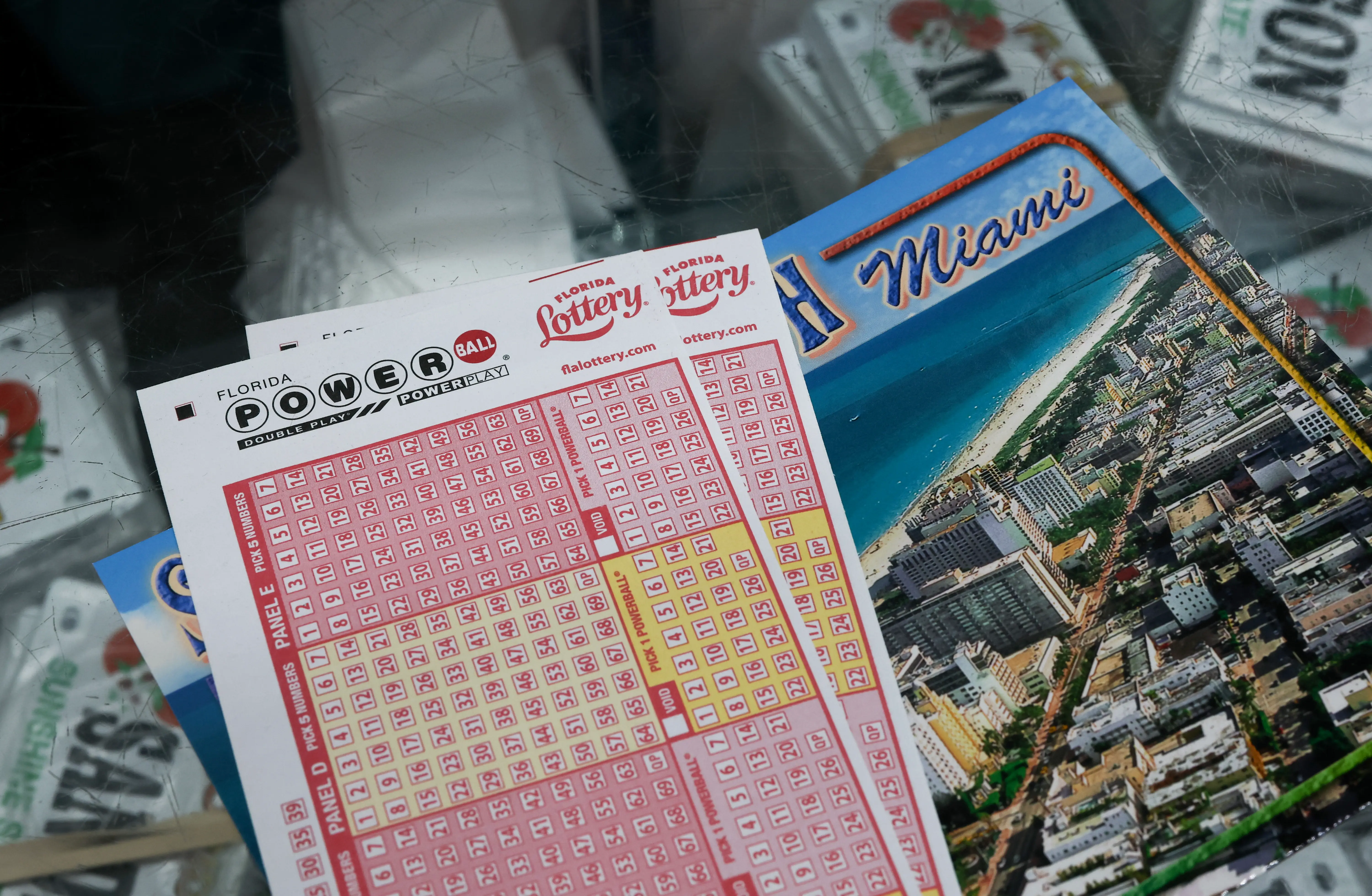 MIAMI, FLORIDA - AUGUST 26: Powerball lottery ticket forms are displayed at the Downtown Miami Souvenirs store on August 26, 2025 in Miami, Florida. The Powerball jackpot has climbed to $815 million ahead of Wednesday's drawing, making the jackpot the 10th-largest in Powerball history. (Photo by Joe Raedle/Getty Images)