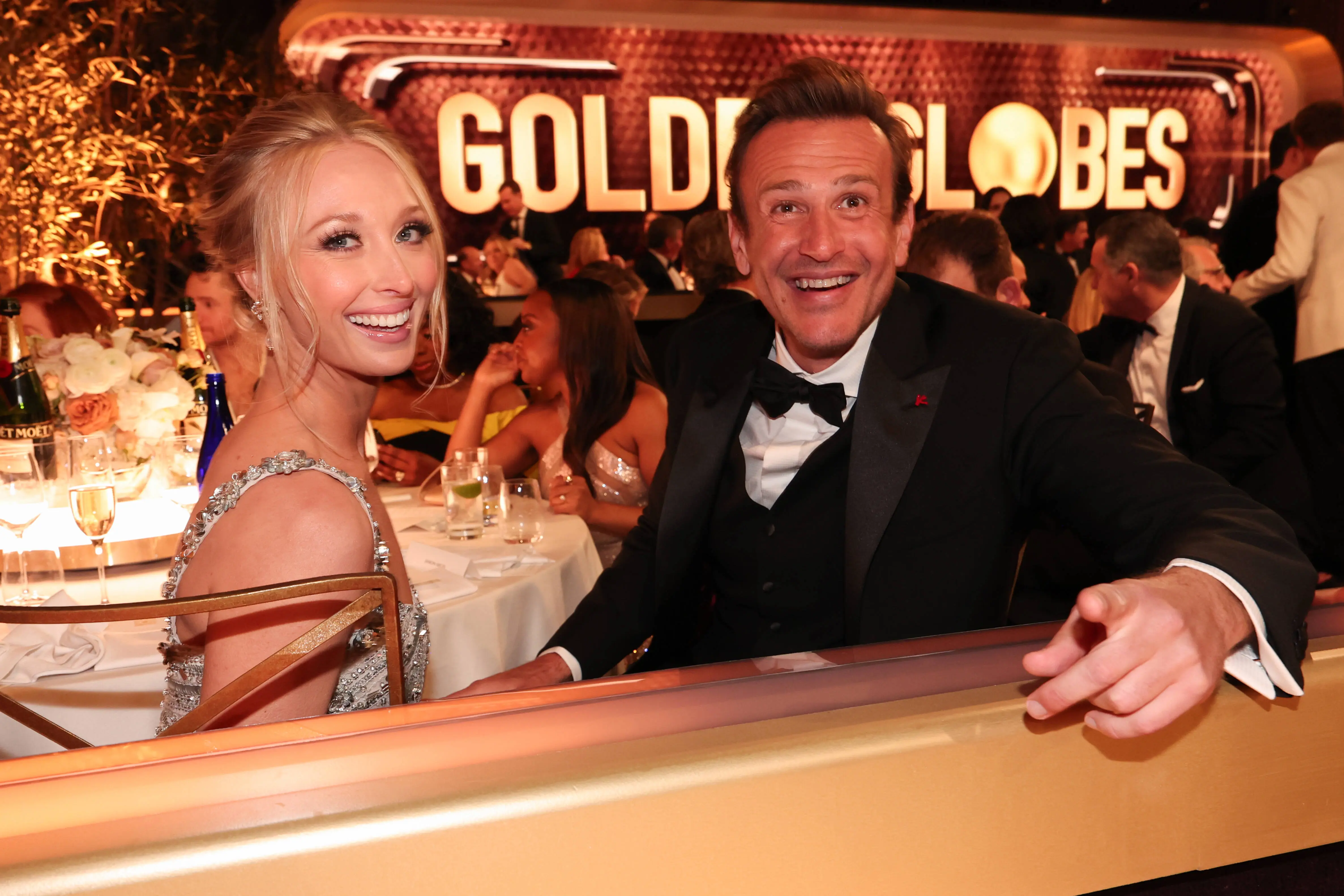 Kayla Radomski and Jason Segel at the 81st Golden Globe Awards held at the Beverly Hilton Hotel (Image via Getty)