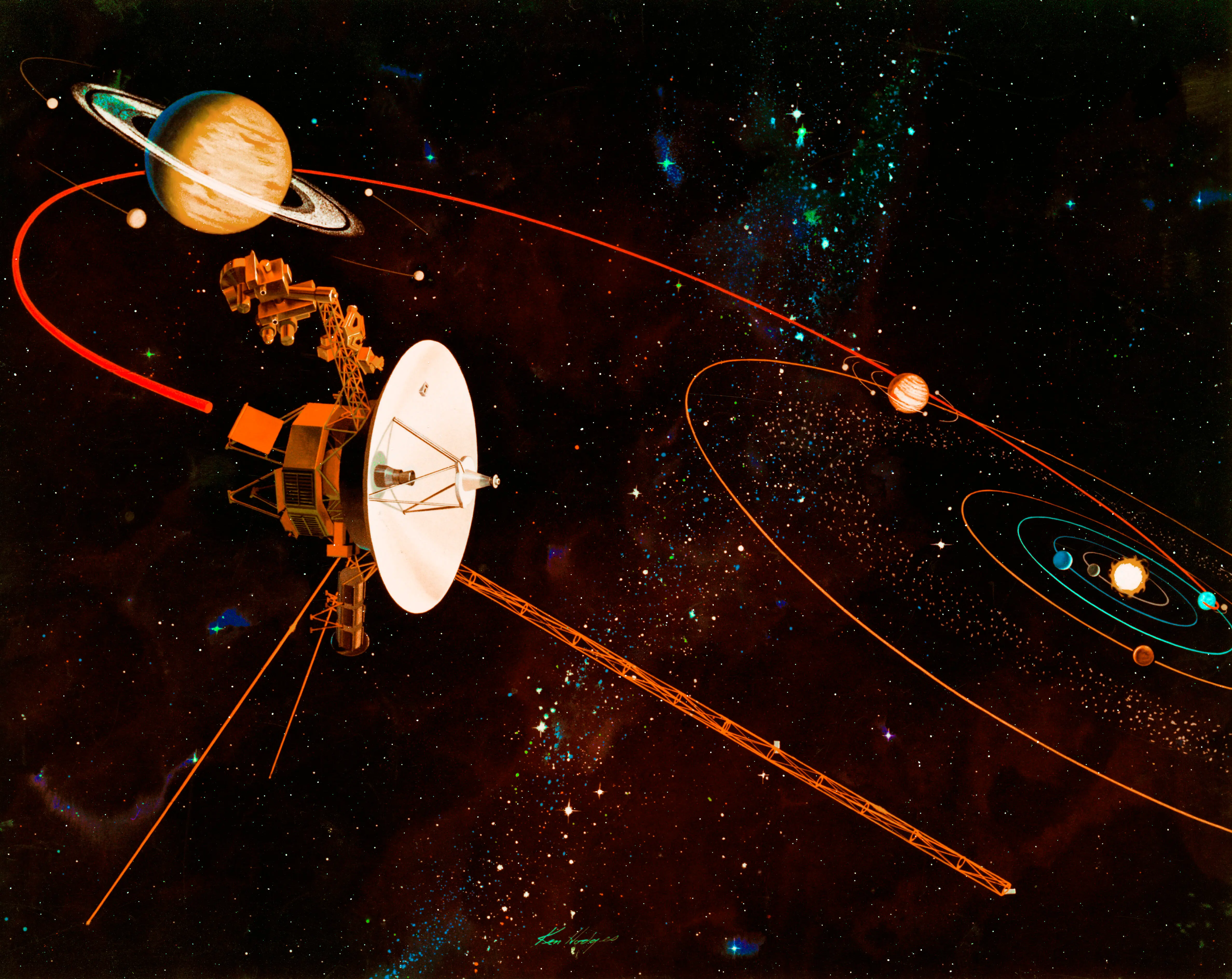 An artist's impression (circa 1977) of the trajectory to be taken by NASA's Voyager 1 and Voyager 2 space probes on their missions to study Jupiter and Saturn. (Photo by Space Frontiers/Archive Photos/Getty Images)