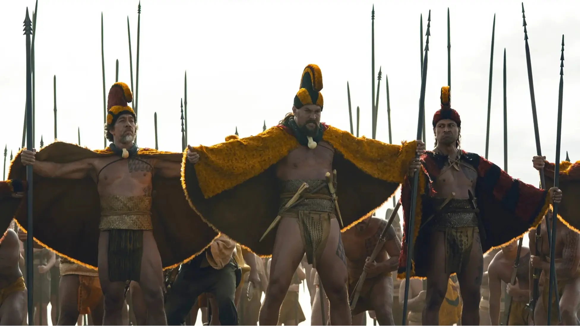 Moses Goods, Jason Momoa, and Te Kohe Tuhaka in Chief of War. Image via Apple TV+.