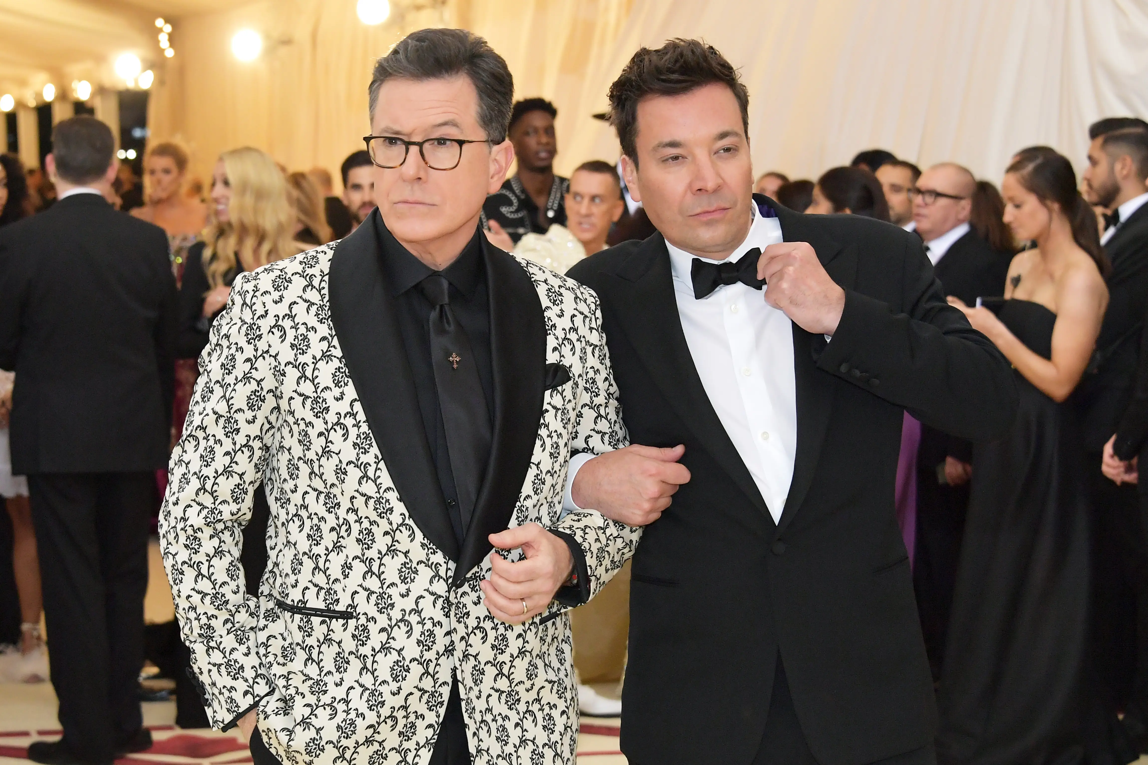 Stephen Colbert and Jimmy Fallon attend the Heavenly Bodies: Fashion &amp; The Catholic Imagination Costume Institute Gala at The Metropolitan Museum of Art on May 7, 2018 in New York City.  (Photo by Neilson Barnard/Getty Images)