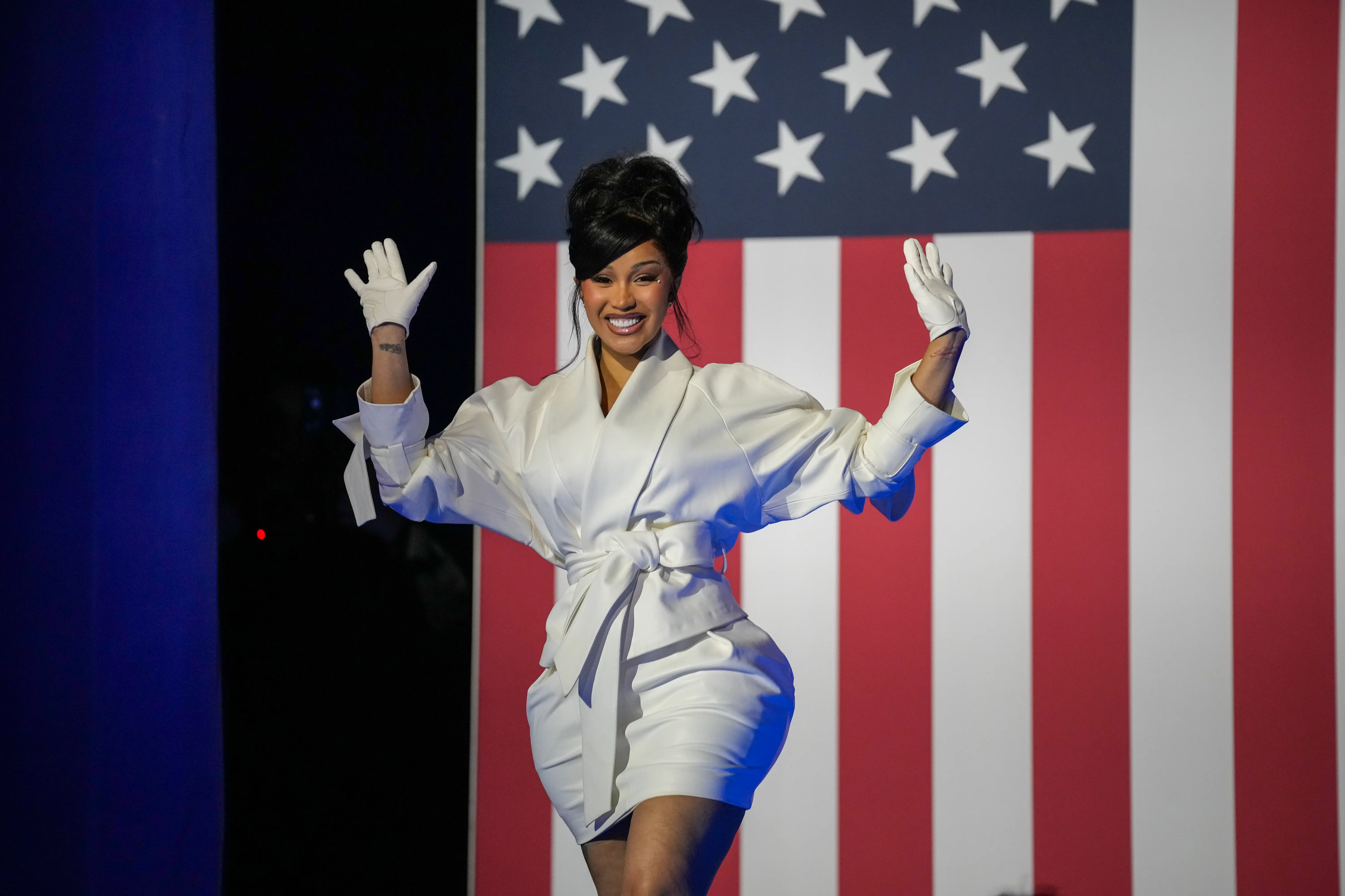 WEST ALLIS, WISCONSIN - NOVEMBER 01: Cardi B arrives during a campaign rally for Democratic presidential nominee, U.S. Vice President Kamala Harris at the Wisconsin State Fair Park Exposition Center on November 1, 2024 in West Allis, Wisconsin. With four days until election day, Vice President Kamala Harris is campaigning in Wisconsin. (Photo by Andrew Harnik/Getty Images)