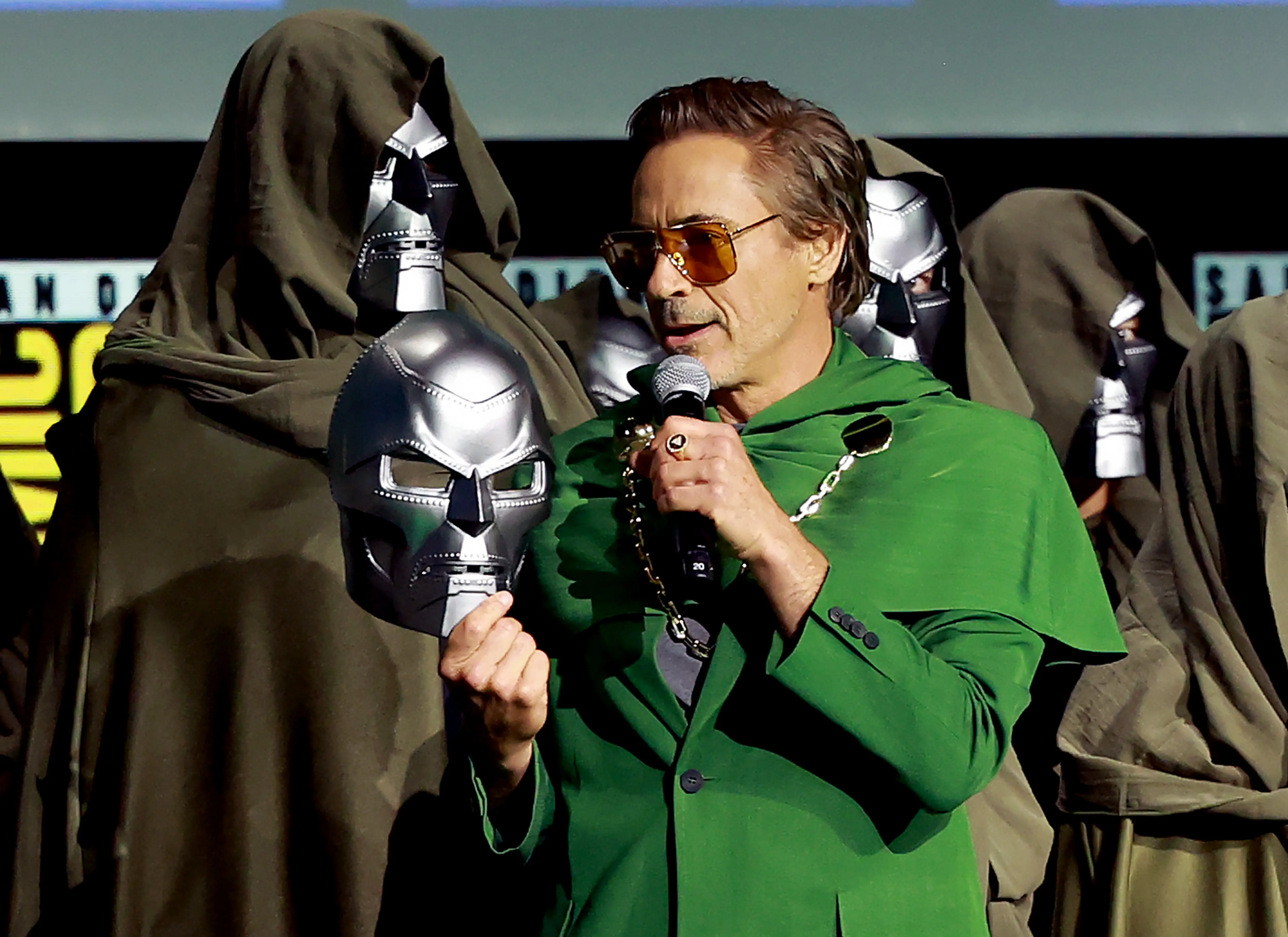 Robert Downey Jr. speaks onstage at the Marvel Studios Panel during 2024 Comic-Con International at San Diego Convention Center on July 27, 2024 in San Diego, California.  (Photo by Matt Winkelmeyer/Getty Images)