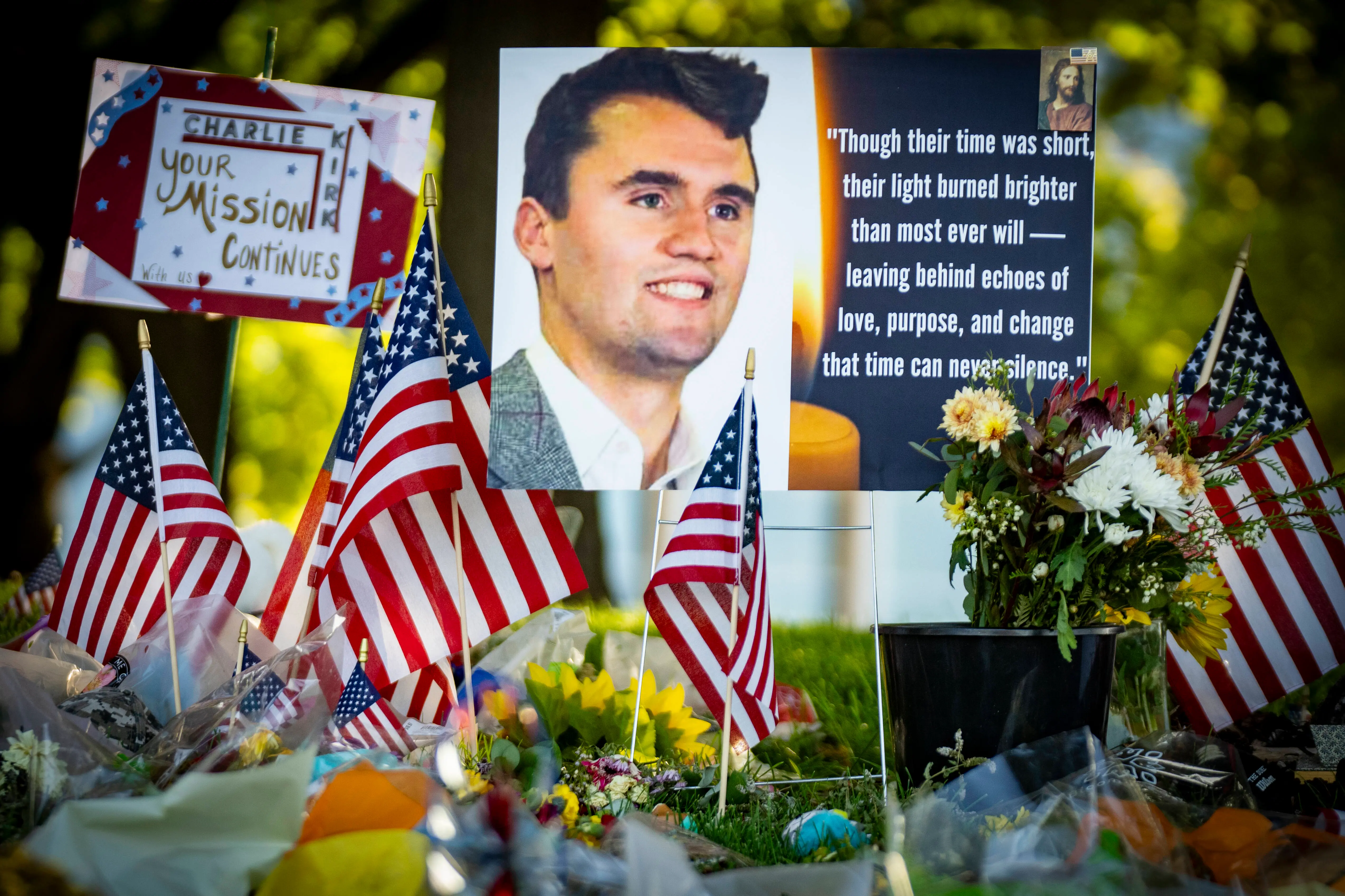OREM, UTAH - SEPTEMBER 17:  Memorials for Charlie Kirk on  the Utah Valley University campus,  on September 17, 2025 in Orem, Utah. (Photo by Rick Egan/The Salt Lake Tribune/Getty Images)