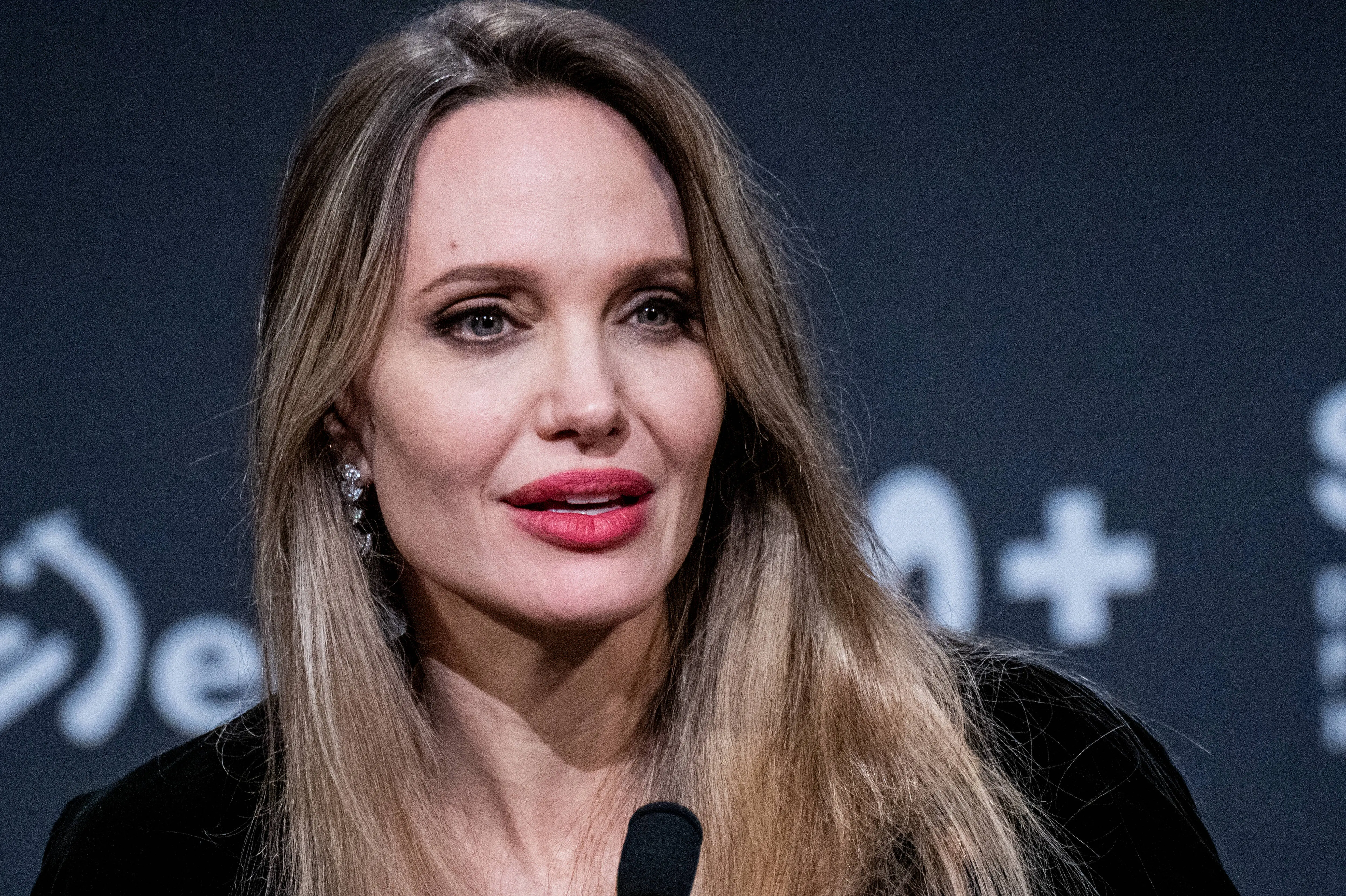 SAN SEBASTIAN, SPAIN - SEPTEMBER 21: Angelina Jolie speaks during the press conference of the film "Couture" during the 73rd San Sebastian International Film Festival on September 21, 2025 in San Sebastian, Spain. (Photo by Juan Naharro Gimenez/WireImage)