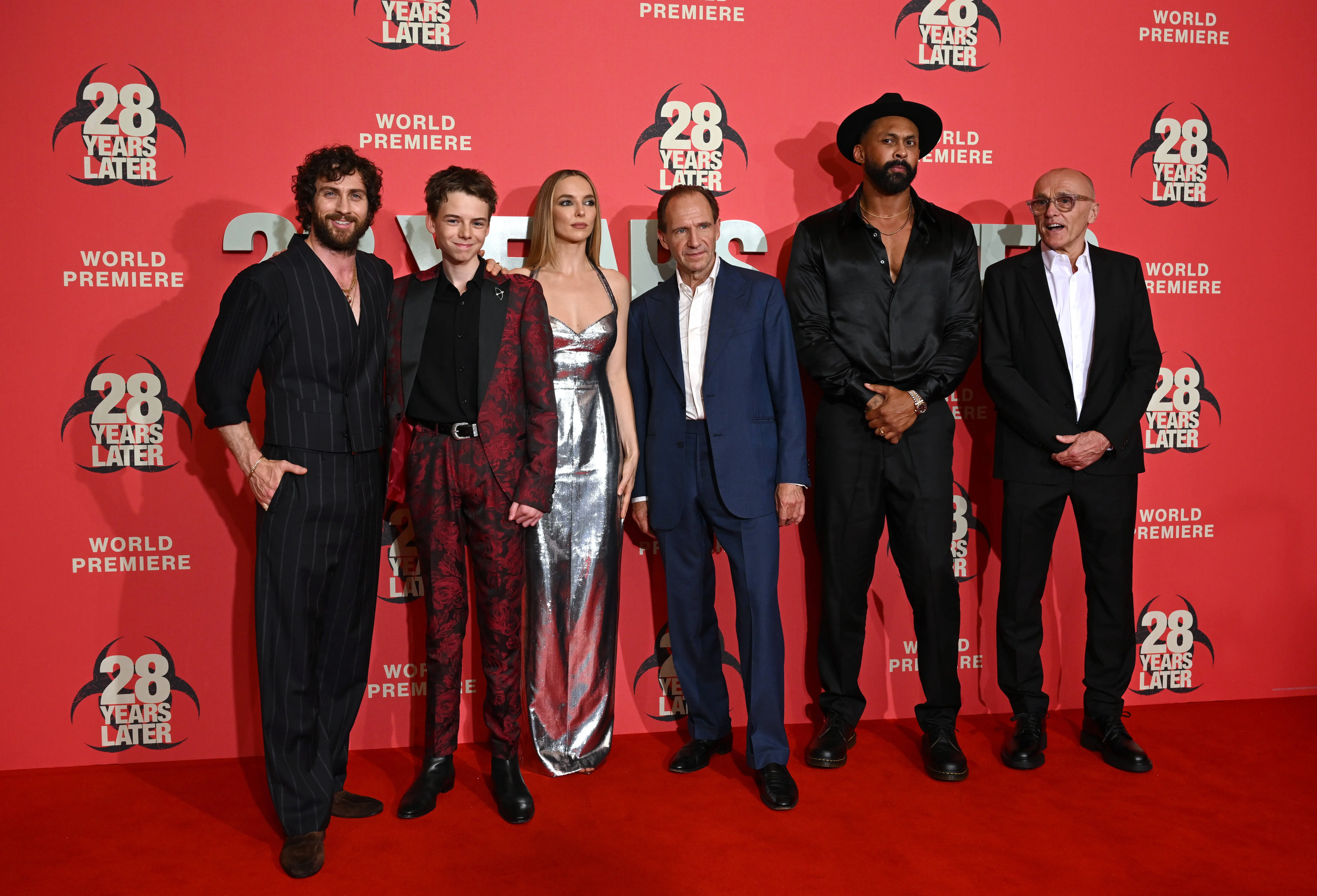 (L-R) Aaron Taylor-Johnson, Alfie Williams, Jodie Comer, Ralph Fiennes, Chi Lewis-Parry and Danny Boyle attend the "28 Years Later" World Premiere at the Odeon Luxe Leicester Square on June 18, 2025 in London, England. (Photo by Jeff Spicer/Getty Images)
