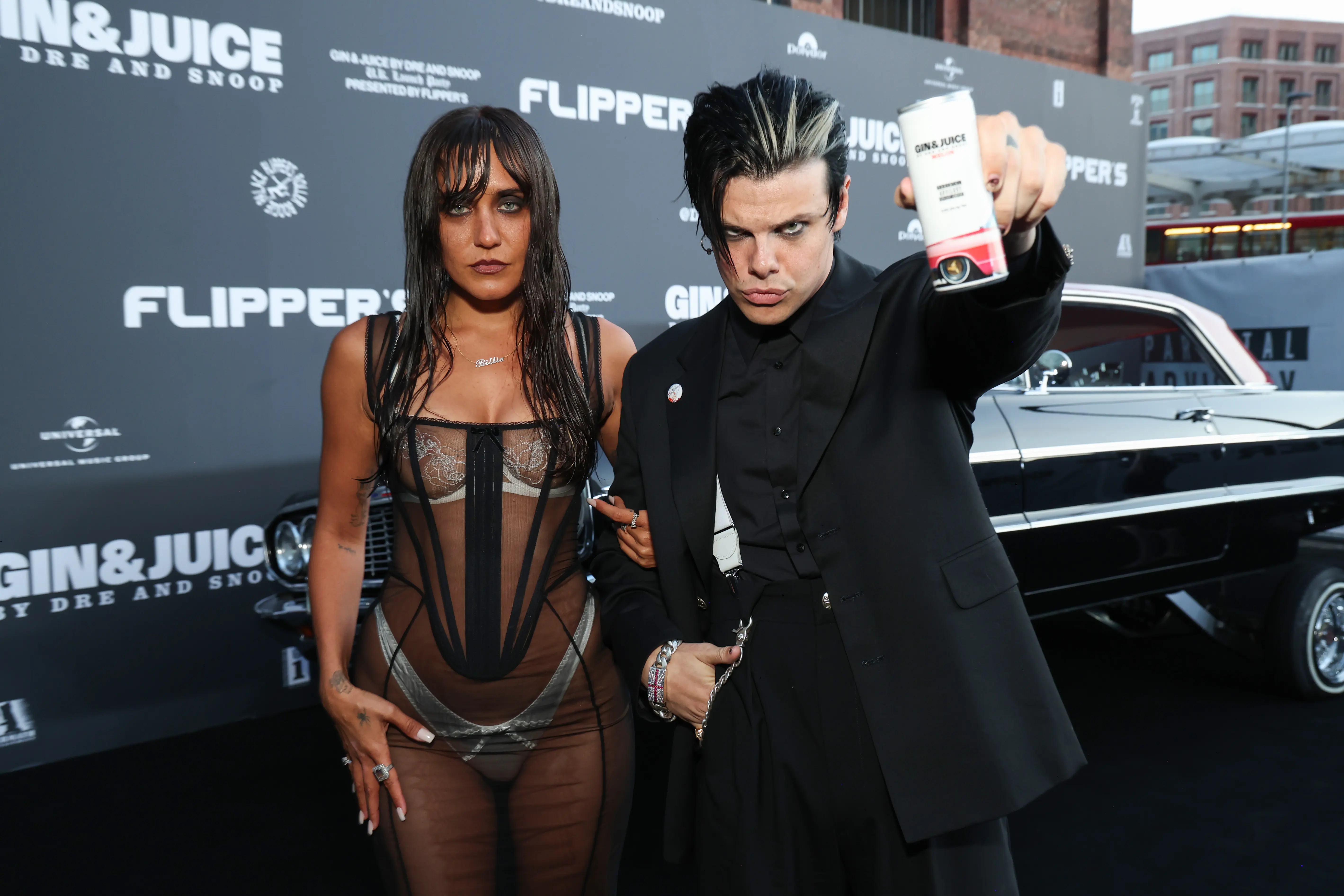 LONDON, ENGLAND - JULY 18: Jesse Jo Stark and Yungblud attend the UK Launch of 'Gin &amp; Juice By Dre and Snoop' at Flipper's Roller Boogie Palace on July 18, 2024 in London, England. (Photo by Kevin Mazur/Getty Images for Flipper's)