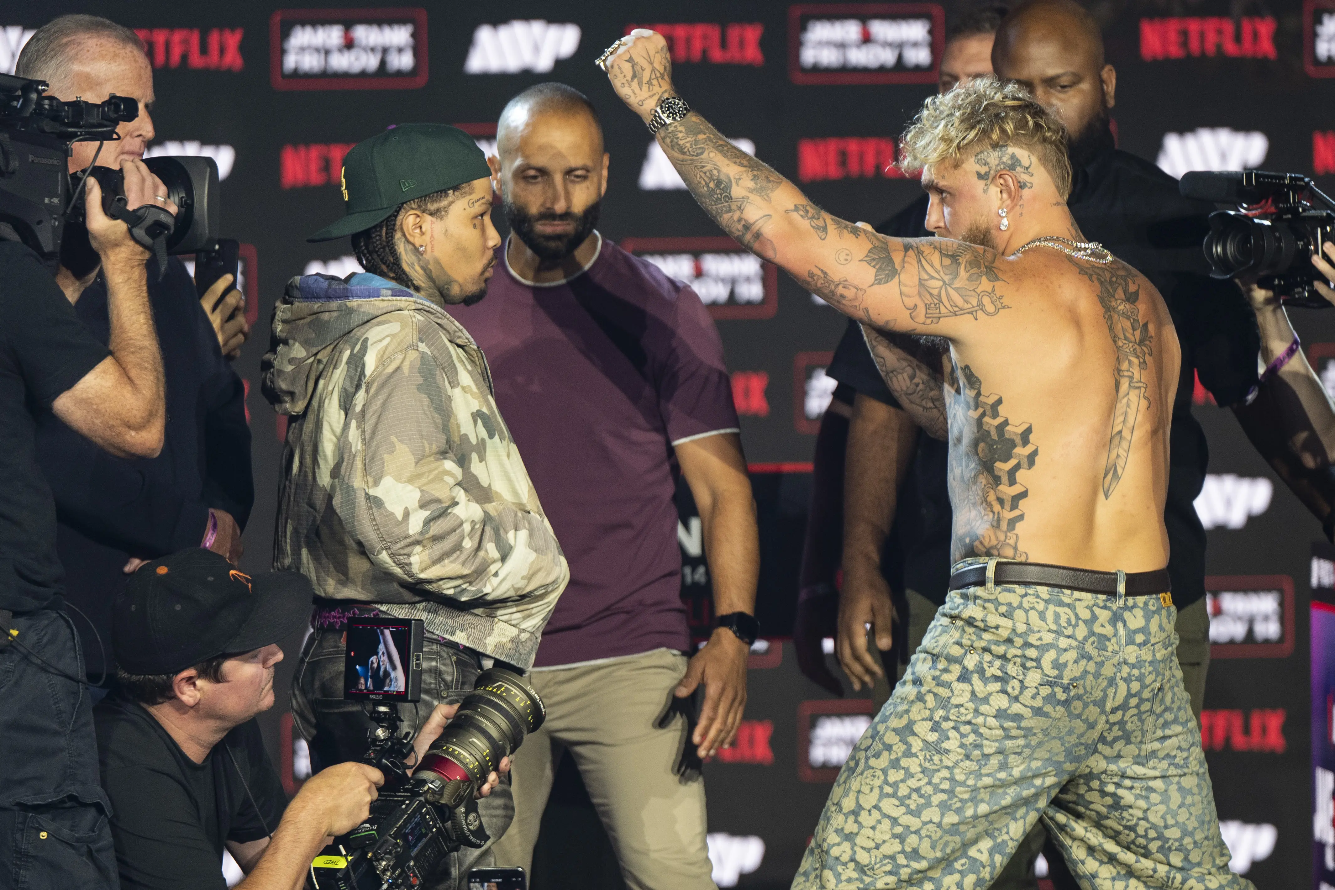 Gervonta 'Tank' Davis and Jake Paul face off during Jake vs. Tank kickoff press conference at Palladium Times Square in New York, United States, on September 22, 2025. (Photo by Mostafa Bassim/Anadolu via Getty Images)
