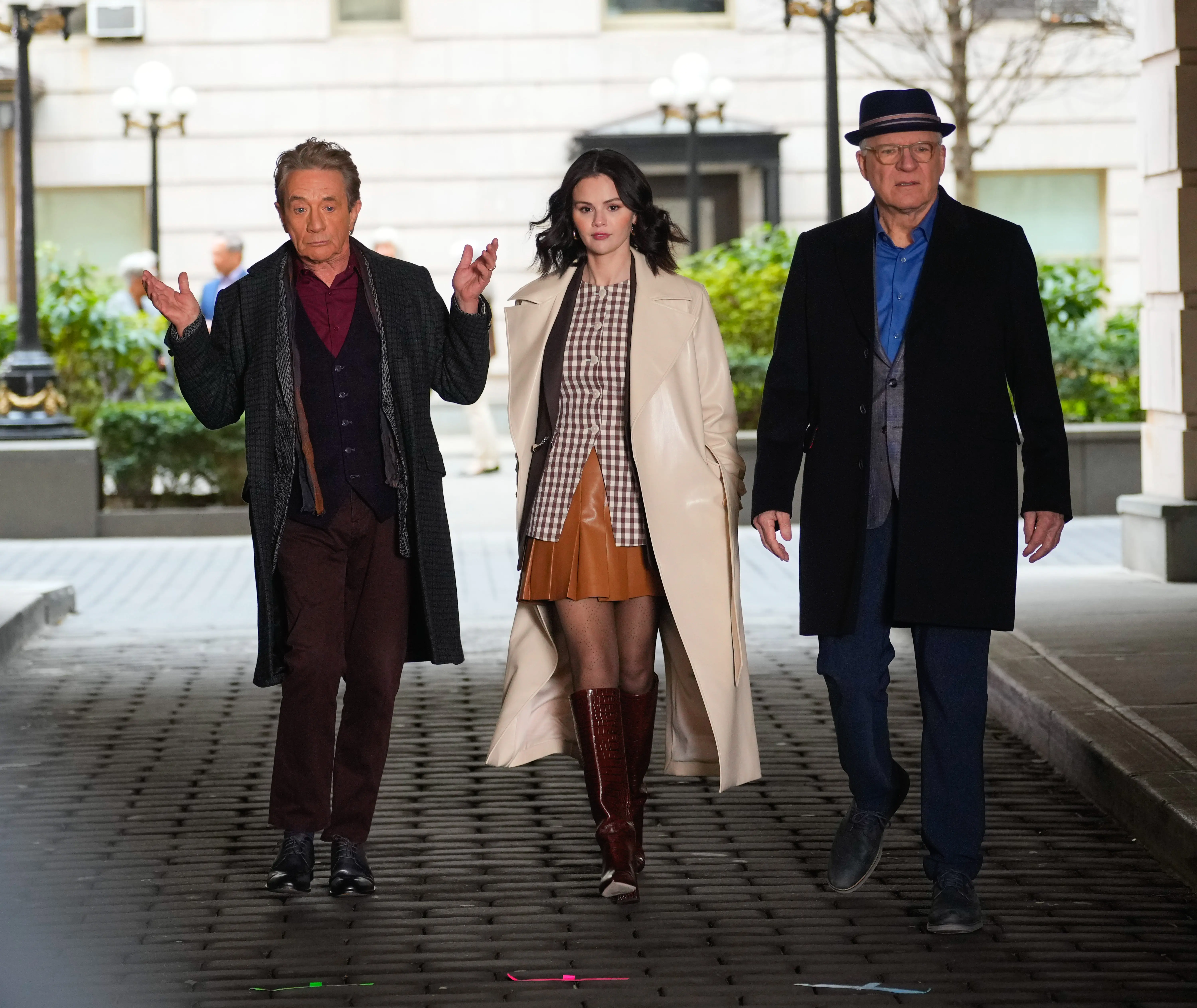 NEW YORK, NY - APRIL 10: Martin Short, Selena Gomez and Steve Martin are seen on the set of 'Only Murders in the Building' on April 10, 2025 in New York City.  (Photo by XNY/Star Max/GC Images)
