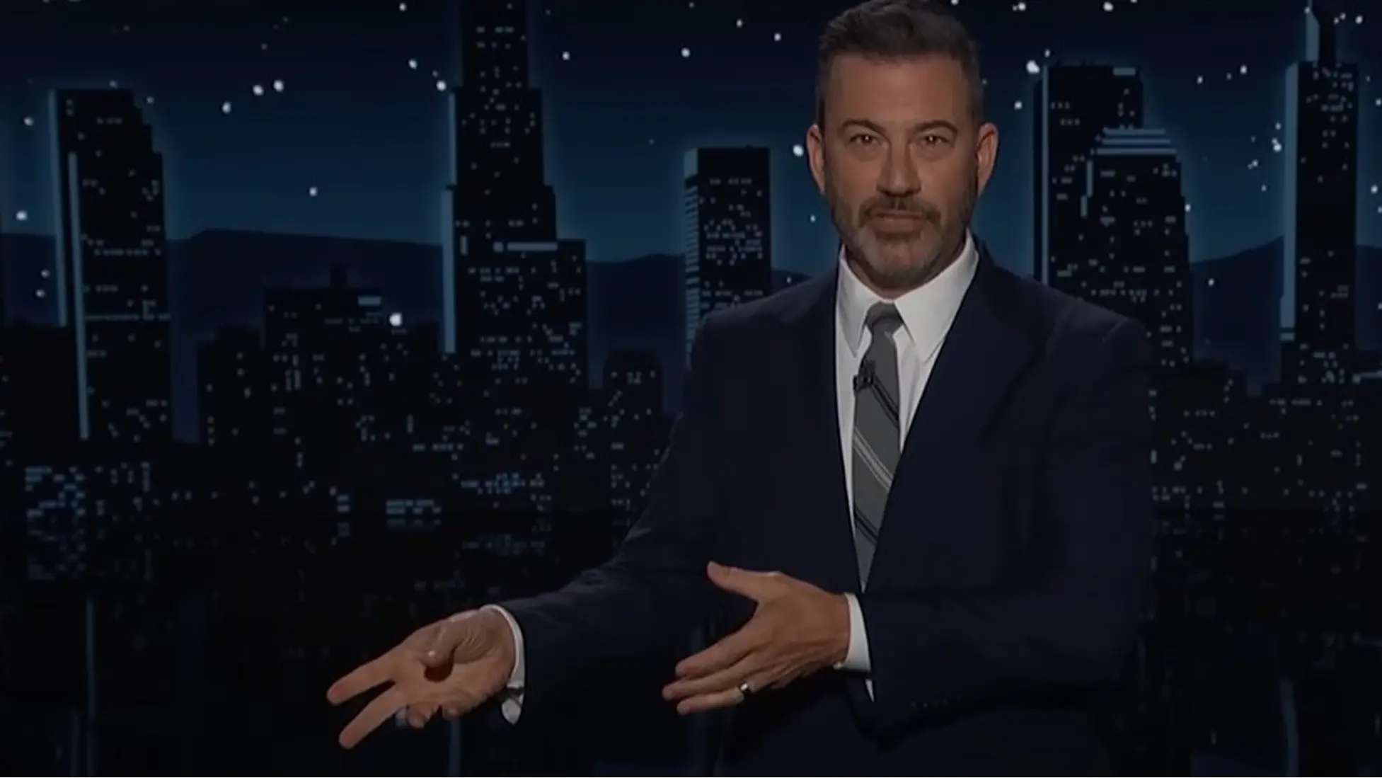 Jimmy Kimmel during the opening monologue on Jimmy Kimmel Live (Image via YouTube/@JimmyKimmelLive).
