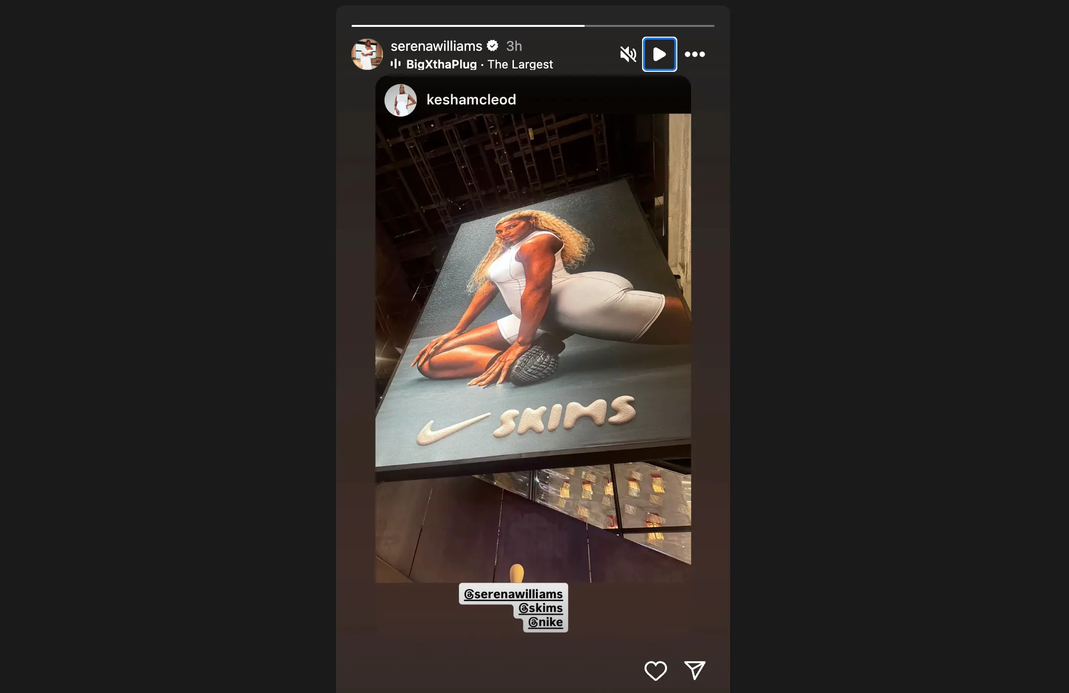 Serena Williams' recent Instagram Story featuring the recent NikeSKIMS ad campaign (Image via Instagram/@serenawilliams)