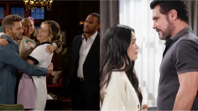 Liam and Hope holding their daughter Beth while Carter stands alone, Luna and Bill's confrontation (Image via CBS Network)