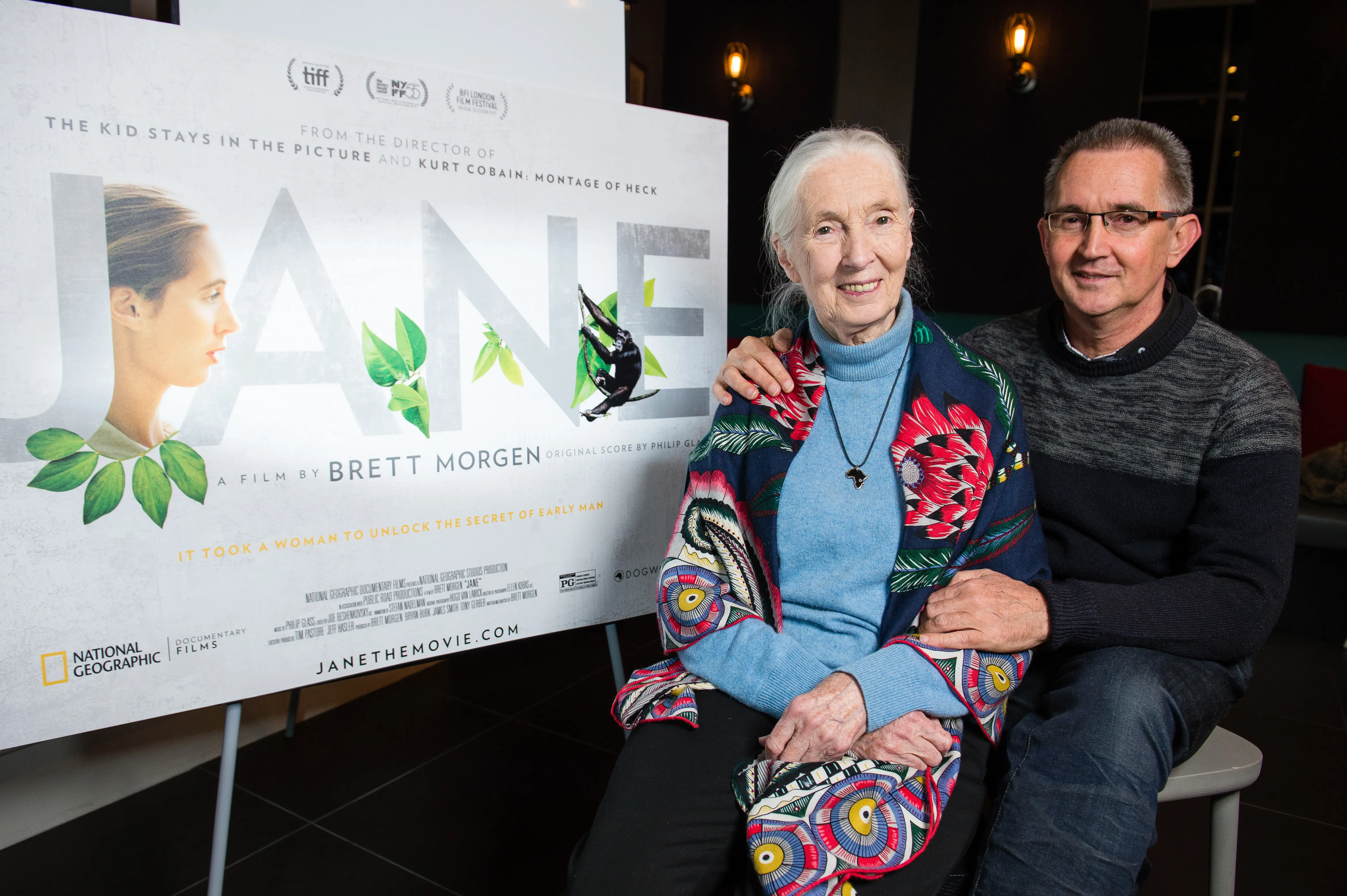 Dr Jane Goodall and her son 'Grub' (Hugo Louis van Lawick) attend a special screening of BAFTA nominated National Geographic documentary 'Jane' in her hometown at Odeon Bournemouth on January 9, 2018 in Bournemouth, United Kingdom. (Photo by Jeff Spicer/Jeff Spicer/Getty Images for National Geographic)