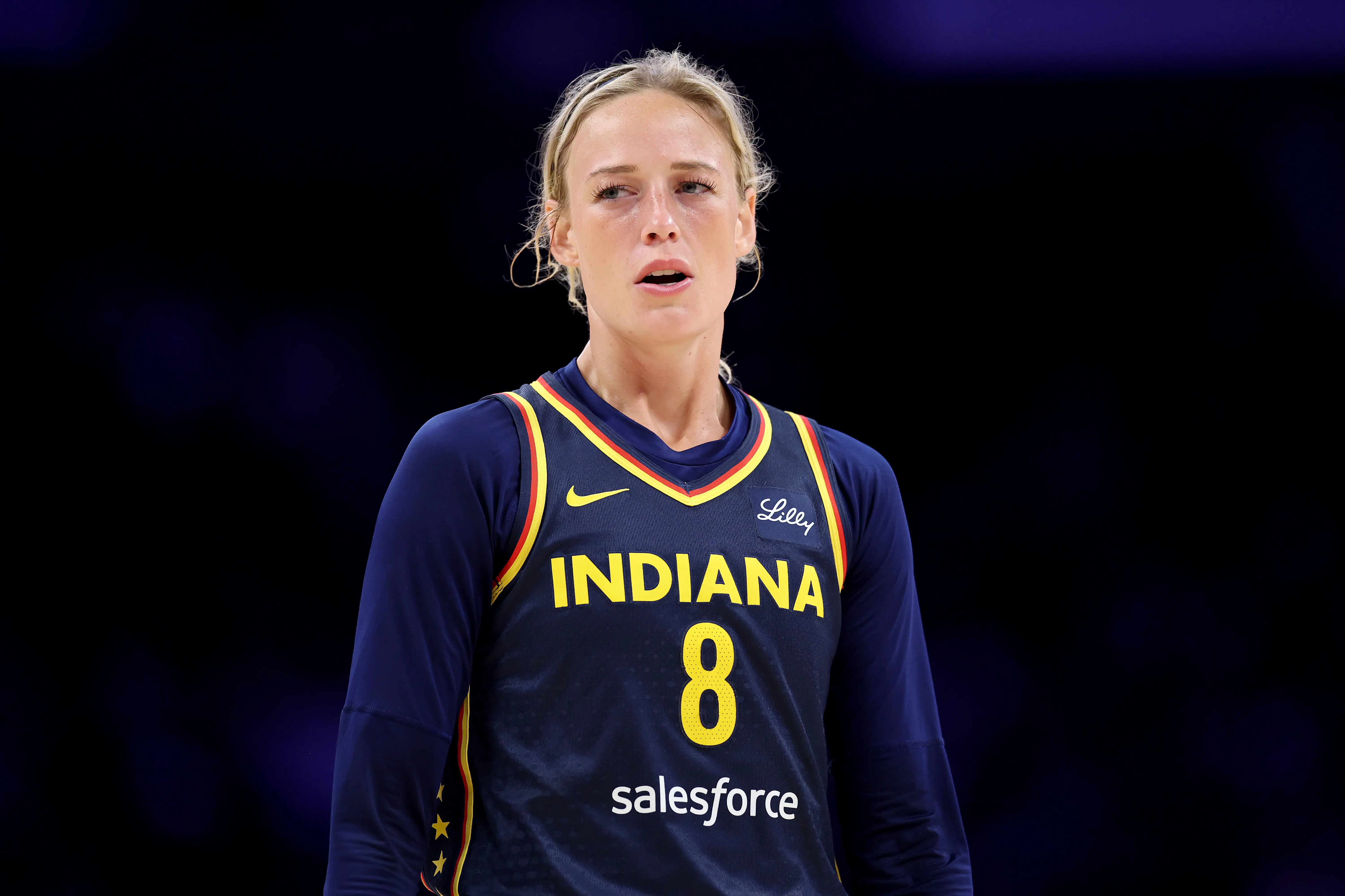 Sophie Cunningham #8 of the Indiana Fever looks on during the first half of a game against the Los Angeles Sparks at Crypto.com Arena on August 05, 2025 in Los Angeles, California. (Photo by Sean M. Haffey/Getty Images)