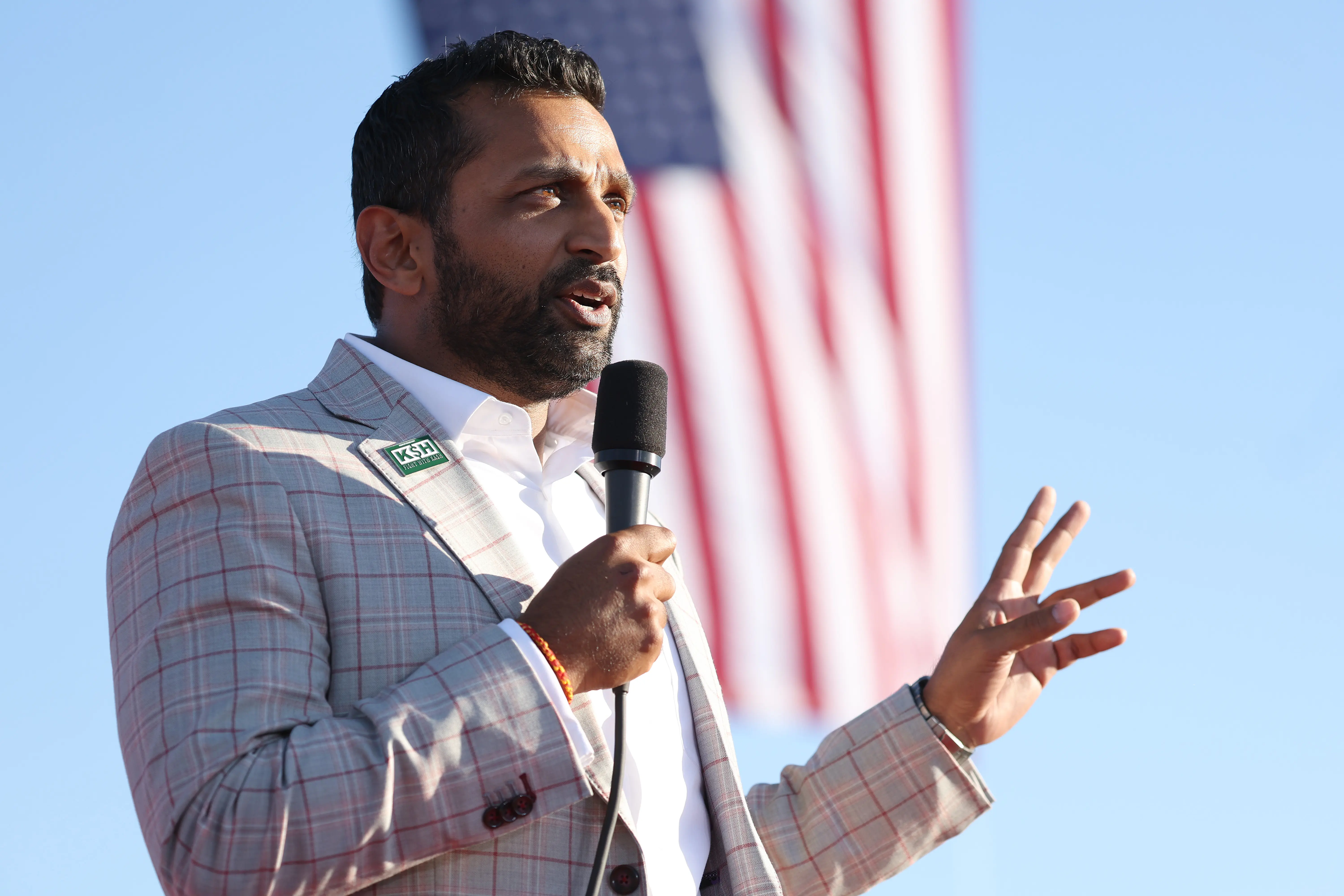 MINDEN, NEVADA - OCTOBER 08: Former Chief of Staff to the Department of Defense Kash Patel speaks during a campaign rally at Minden-Tahoe Airport on October 08, 2022 in Minden, Nevada. Former U.S. President Donald Trump held a campaign style rally for Nevada GOP candidates ahead of the state's midterm election on November 8th.  (Photo by Justin Sullivan/Getty Images)