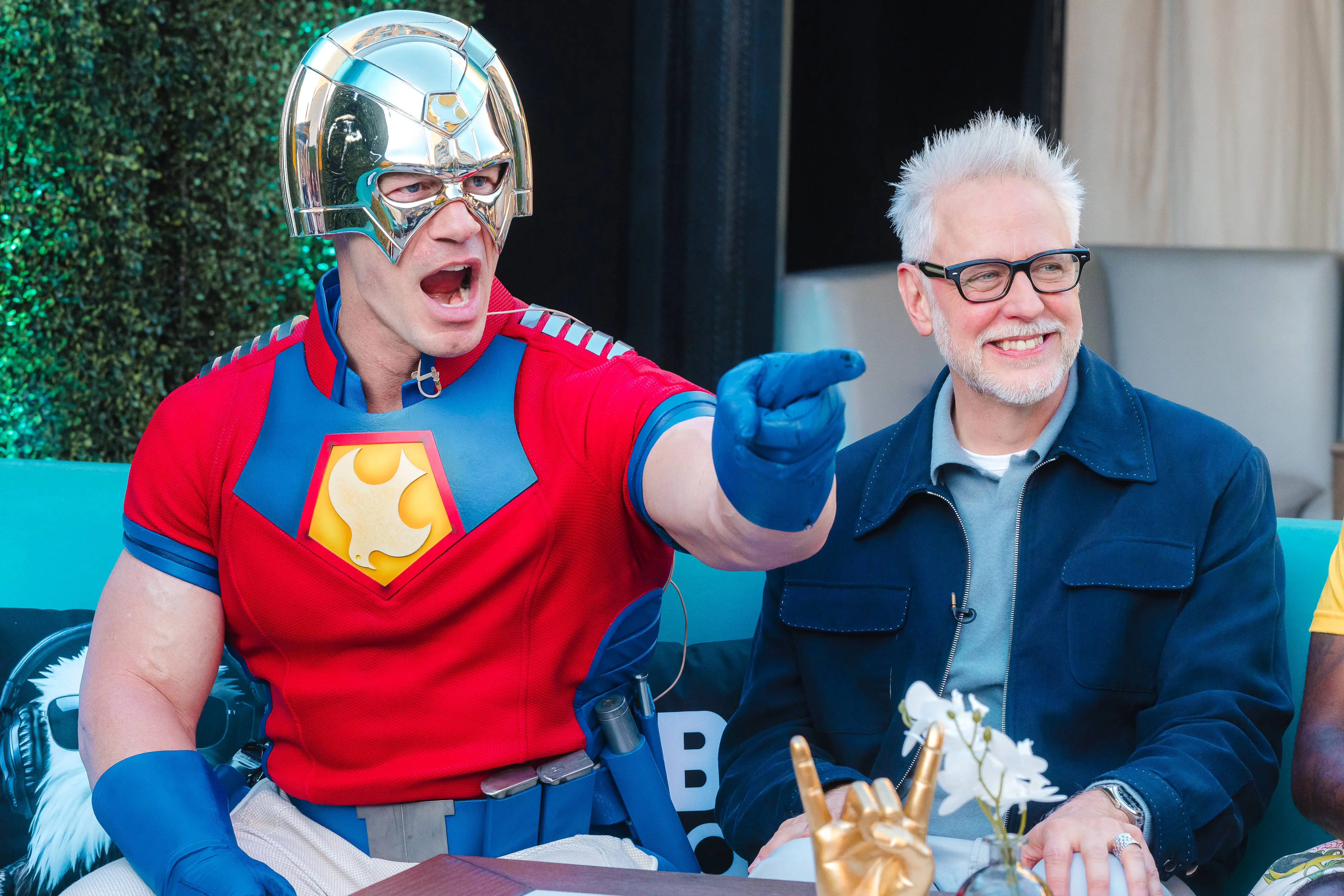 SAN DIEGO, CALIFORNIA - JULY 26: Actor John Cena and Director James Gunn attend the HBO Max presents Peacemaker, From DC Studios VIP PEACEFEST at Nova SD on July 26, 2025. (Photo by David Jon/Getty Images for HBO Max)