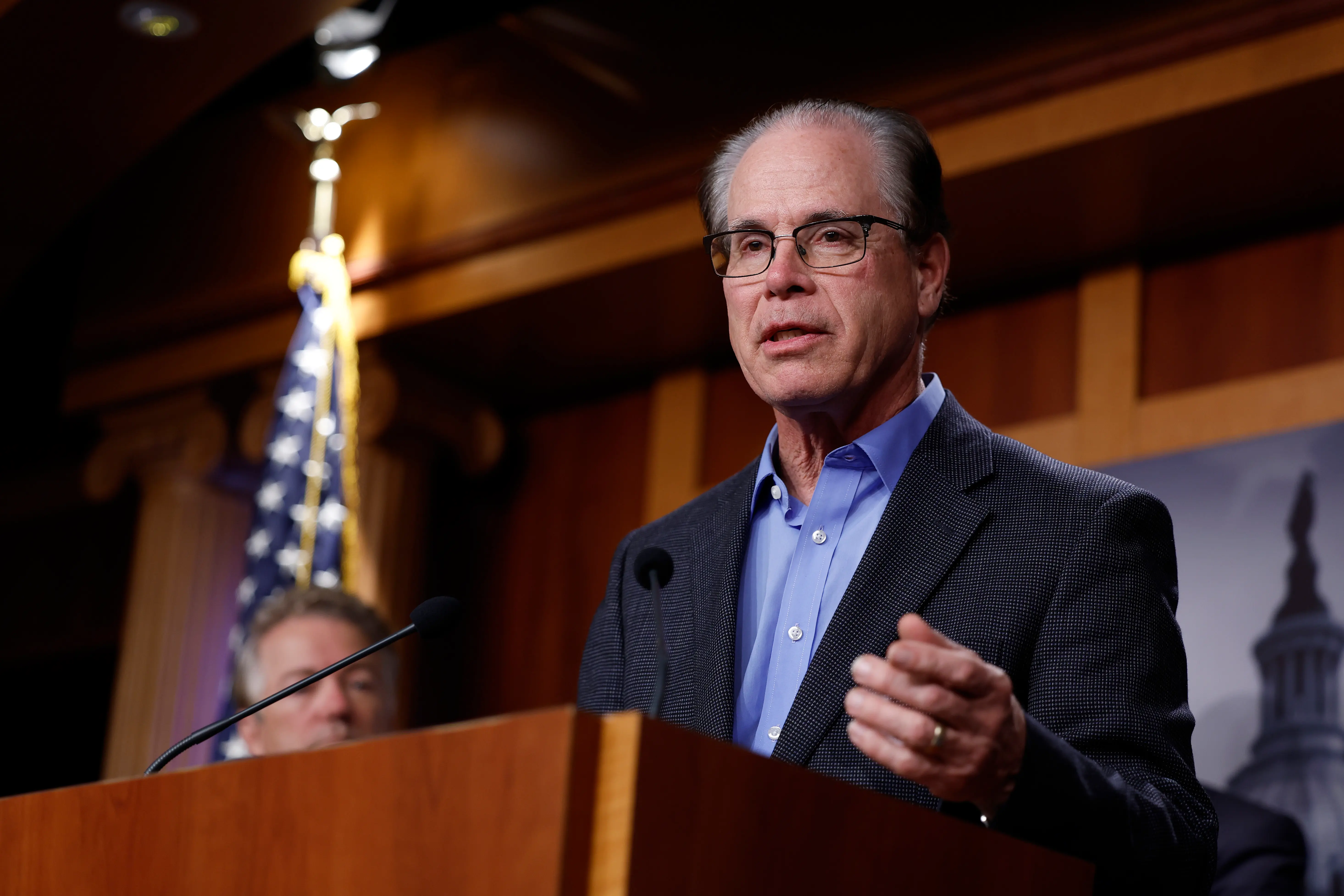 Mike Braun (R-IN) speaks at a news conference on government spending at the U.S. Capitol Building on December 07, 2022 in Washington, DC. (Photo by Anna Moneymaker/Getty Images)