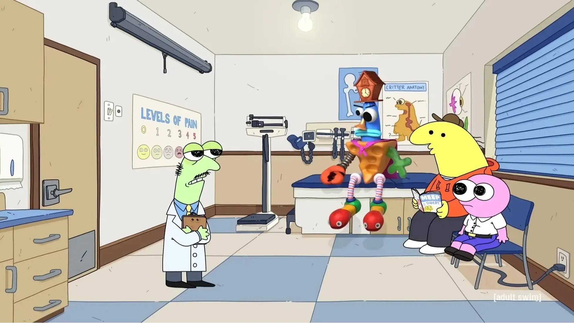 Charlie and Pim take Silly Samuel to a doctor in Smiling Friends season 3 episode 1. Image via Adult Swim.