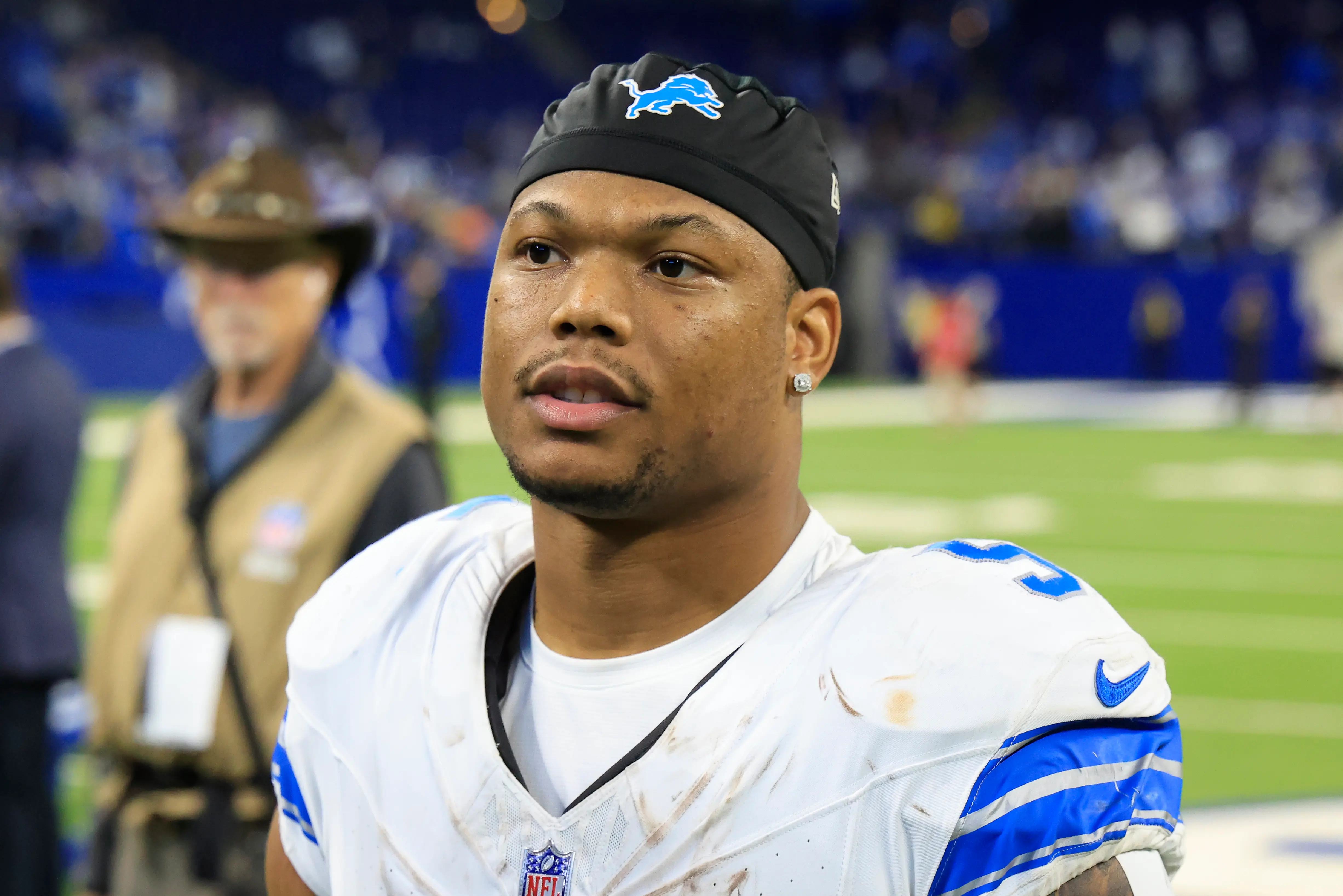 David Montgomery #5 of the Detroit Lions walks off the field after a win over the Indianapolis Colts at Lucas Oil Stadium on November 24, 2024 in Indianapolis, Indiana. (Photo by Justin Casterline/Getty Images)
