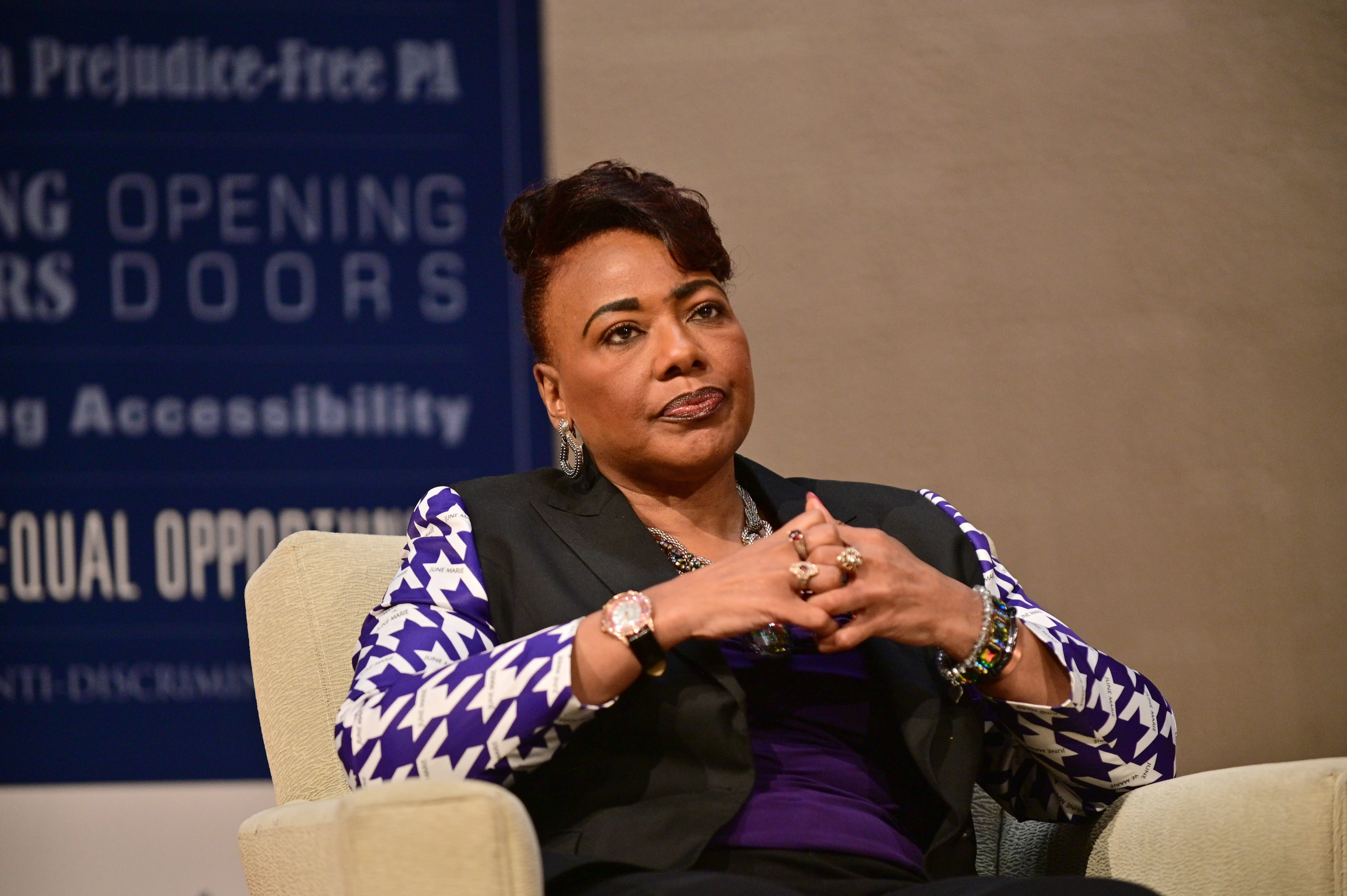 ANNVILLE, PENNSYLVANIA - SEPTEMBER 15: Rev. Dr. Bernice King speaks on stage during PHRC Social Justice Lecture Series Featuring Rev. Dr. Bernice King at Miller Chapel, Lebanon Valley College on September 15, 2023 in Annville, Pennsylvania. (Photo by Lisa Lake/Getty Images for Pennsylvania Human Relations Commission)