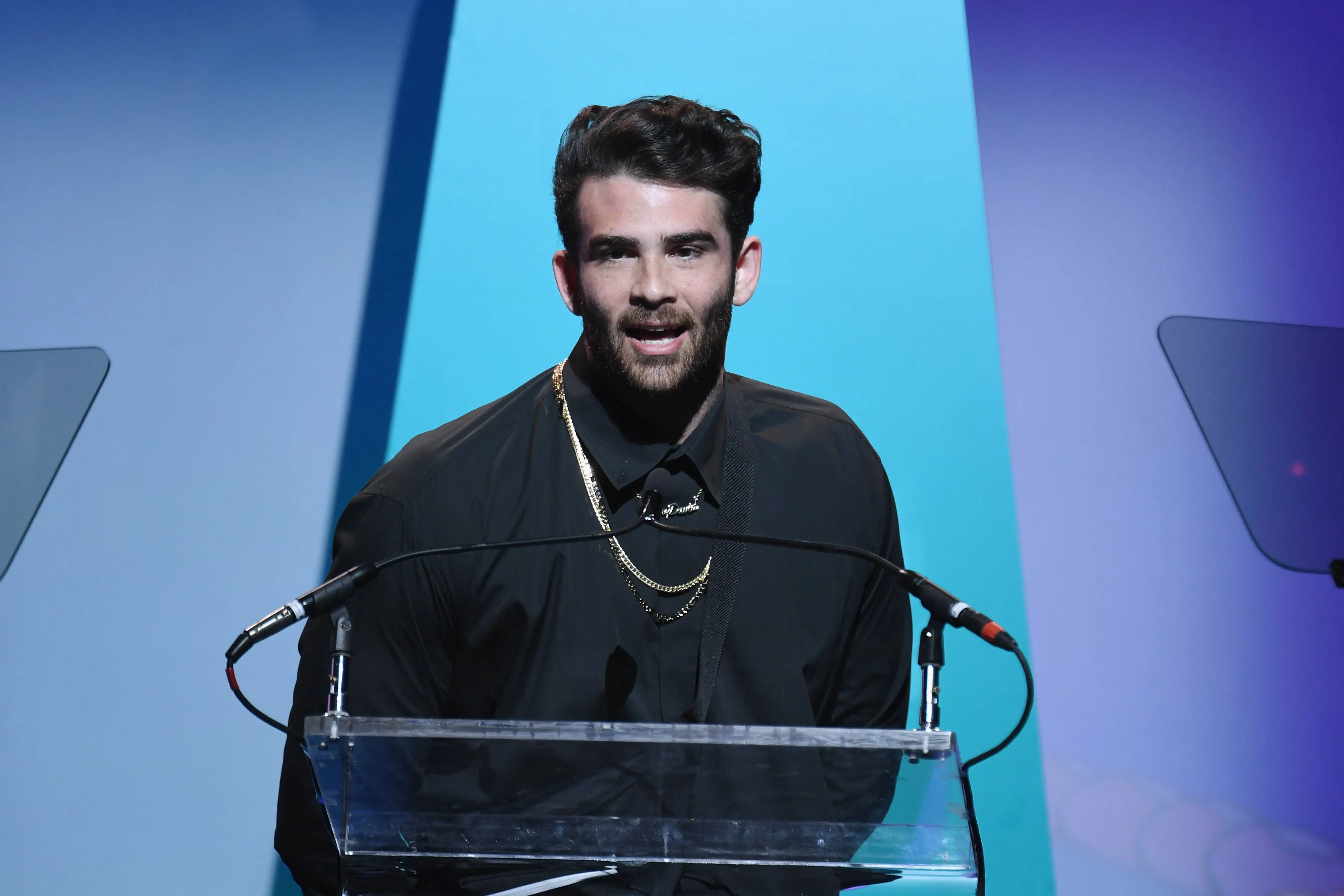 Hasan Piker, aka HasanAbi, was accused of animal cruelty based on unverified claims using a shock collar on his dog  (Image via Dave Kotinsky/Getty Images for Shorty Awards)