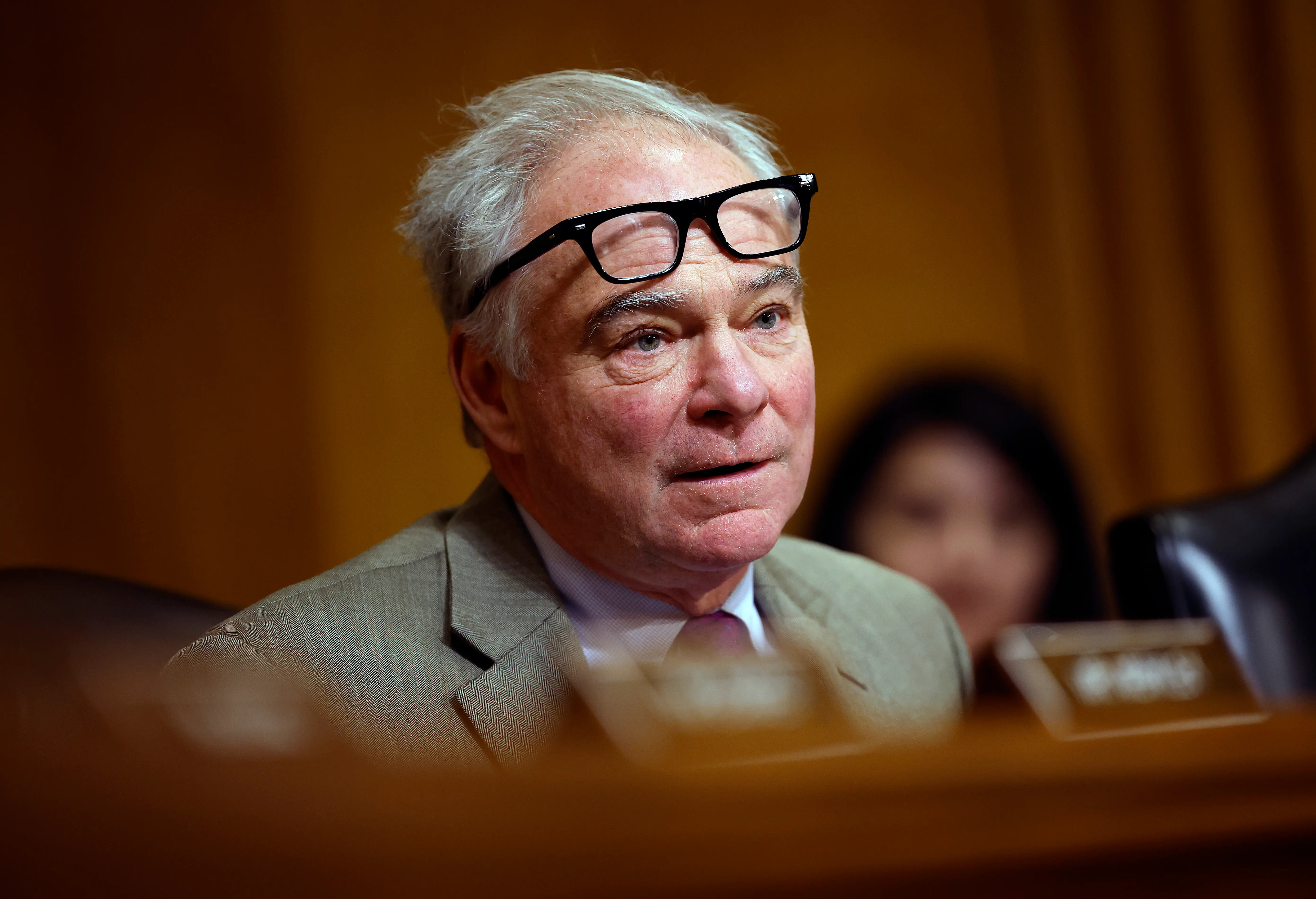 Sen. Tim Kaine (D-VA) questions U.S. President-elect Donald Trump’s nominee for Secretary of State, Sen. Marco Rubio (R-FL) during his Senate Foreign Relations confirmation hearing at Dirksen Senate Office Building on January 15, 2025 in Washington, DC. (Photo by Kevin Dietsch/Getty Images)