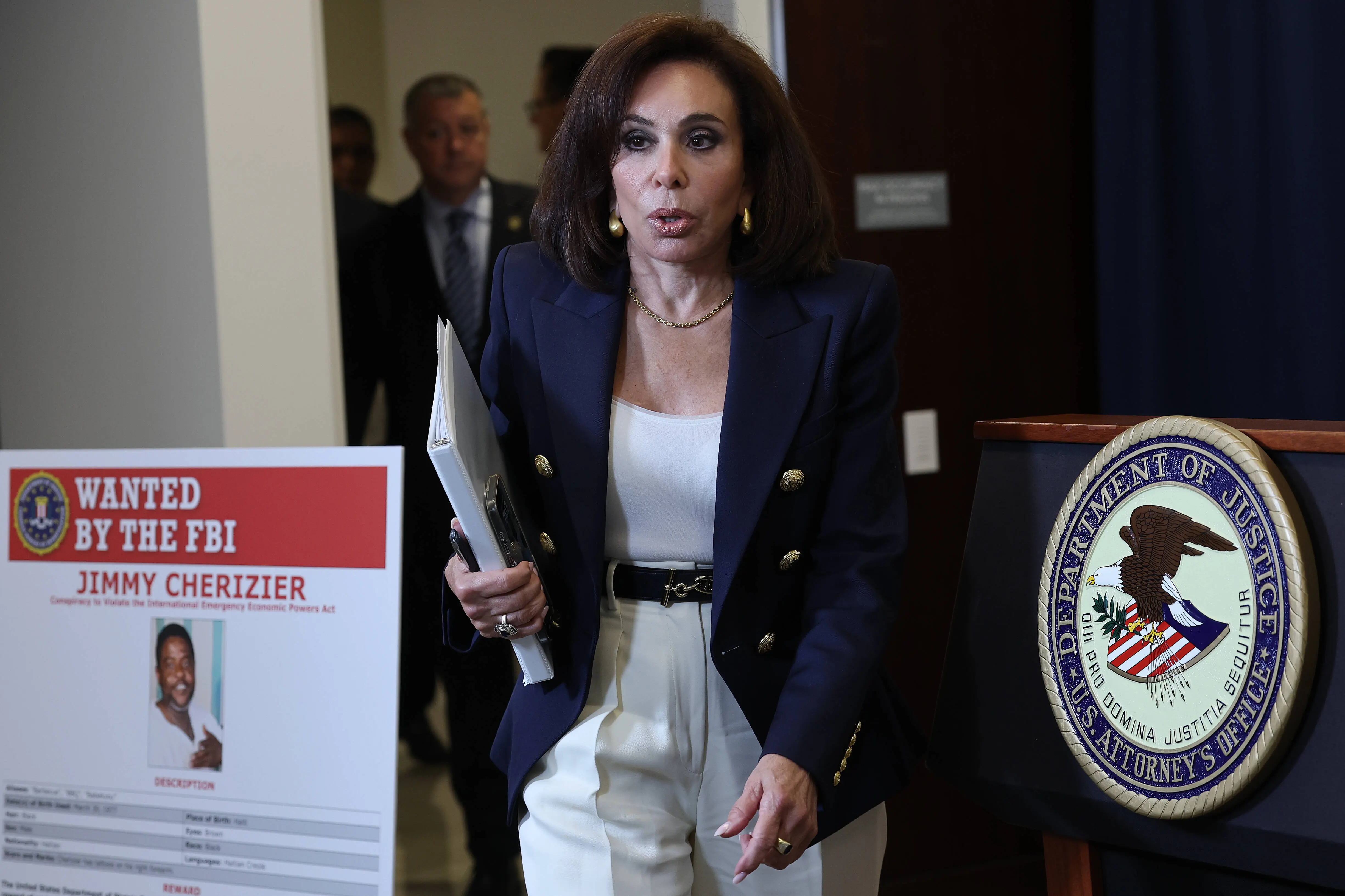 WASHINGTON, DC - AUGUST 12:  U.S. Attorney For Washington, DC Jeanine Pirro arrives for a press conference at the Patrick Henry Building on August 12, 2025 in Washington, DC. Pirro gave an update on DC crime and spoke on the indictment that was unsealed charging Haitian gang leader Jimmy Cherizier with conspiracy to violate U.S. sanctions.  (Photo by Win McNamee/Getty Images)