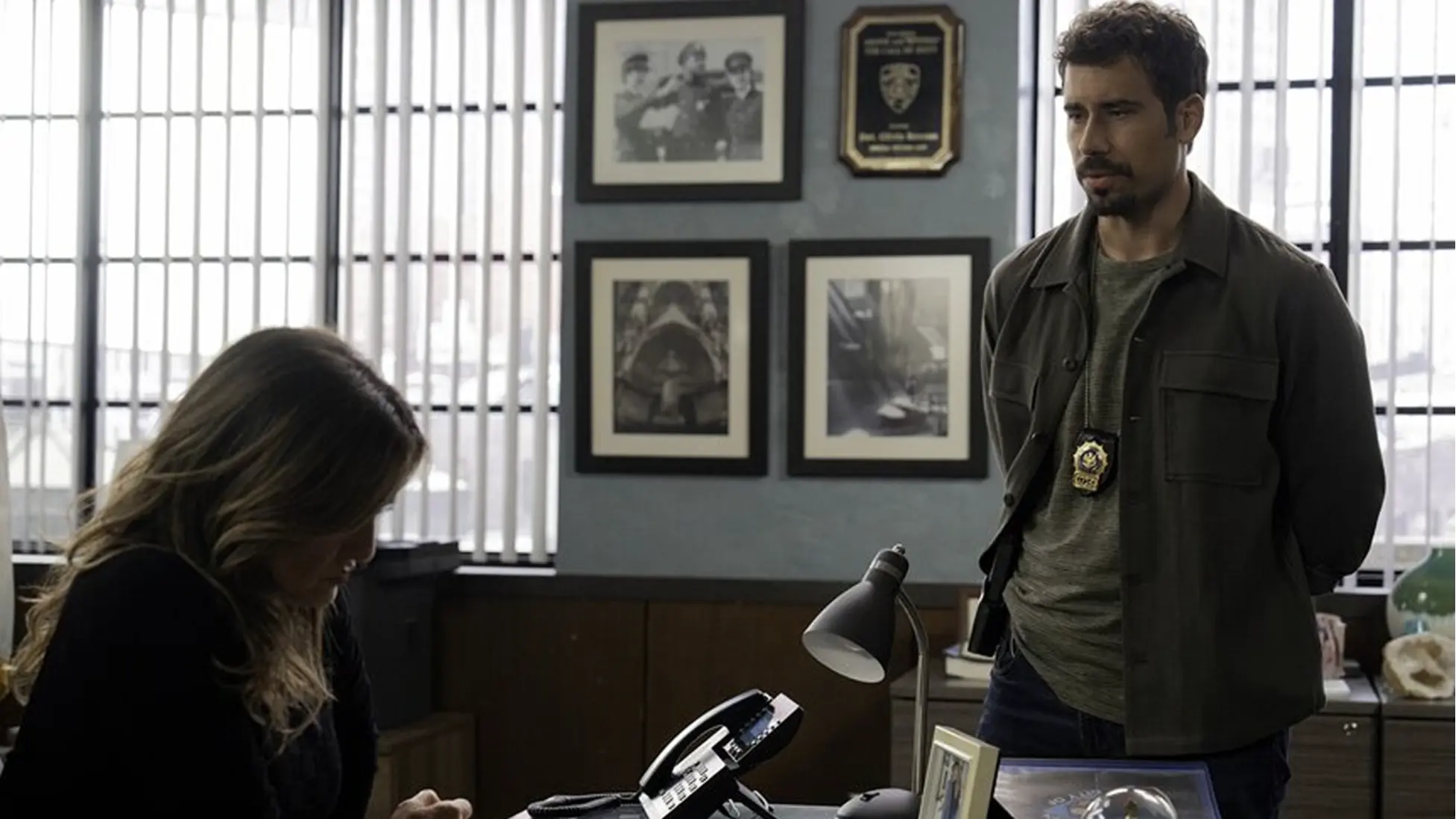 Capt. Olivia Benson (Mariska Hargitay) and Det. Joe Velasco (Octavio Pisano) in Law &amp; Order: Special Victims Unit season 27 episode 3, A Vicious Circle, as Velasco weighs a DEA assignment amid the clinic bombing probe. Photo via NBC.