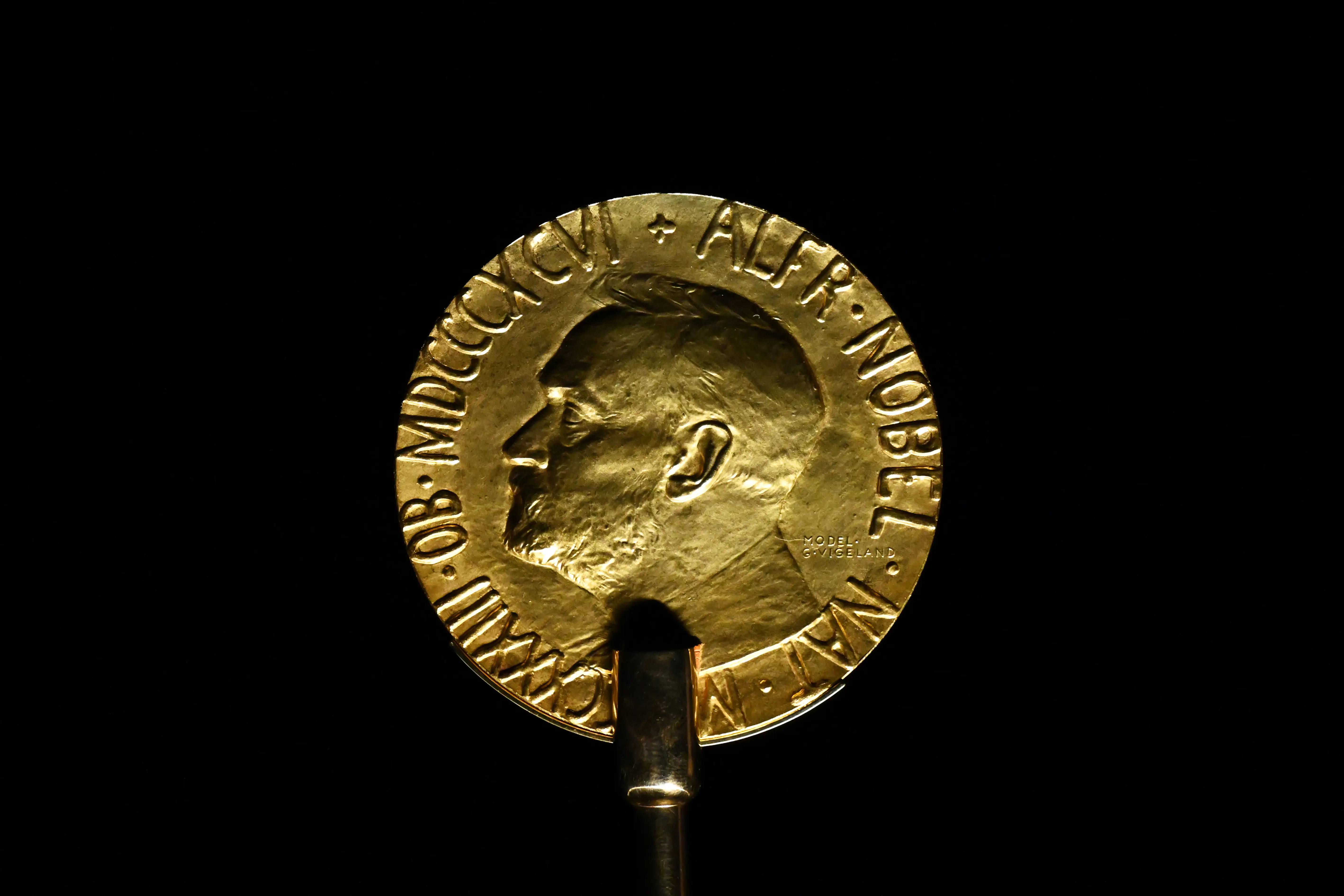 OSLO, NORWAY - DECEMBER 8: An official Nobel Peace Prize gold medal is seen at the exhibition at the Nobel Peace Center in Oslo, Norway, on December 8, 2023. (Photo by Sergei Gapon/Anadolu via Getty Images)