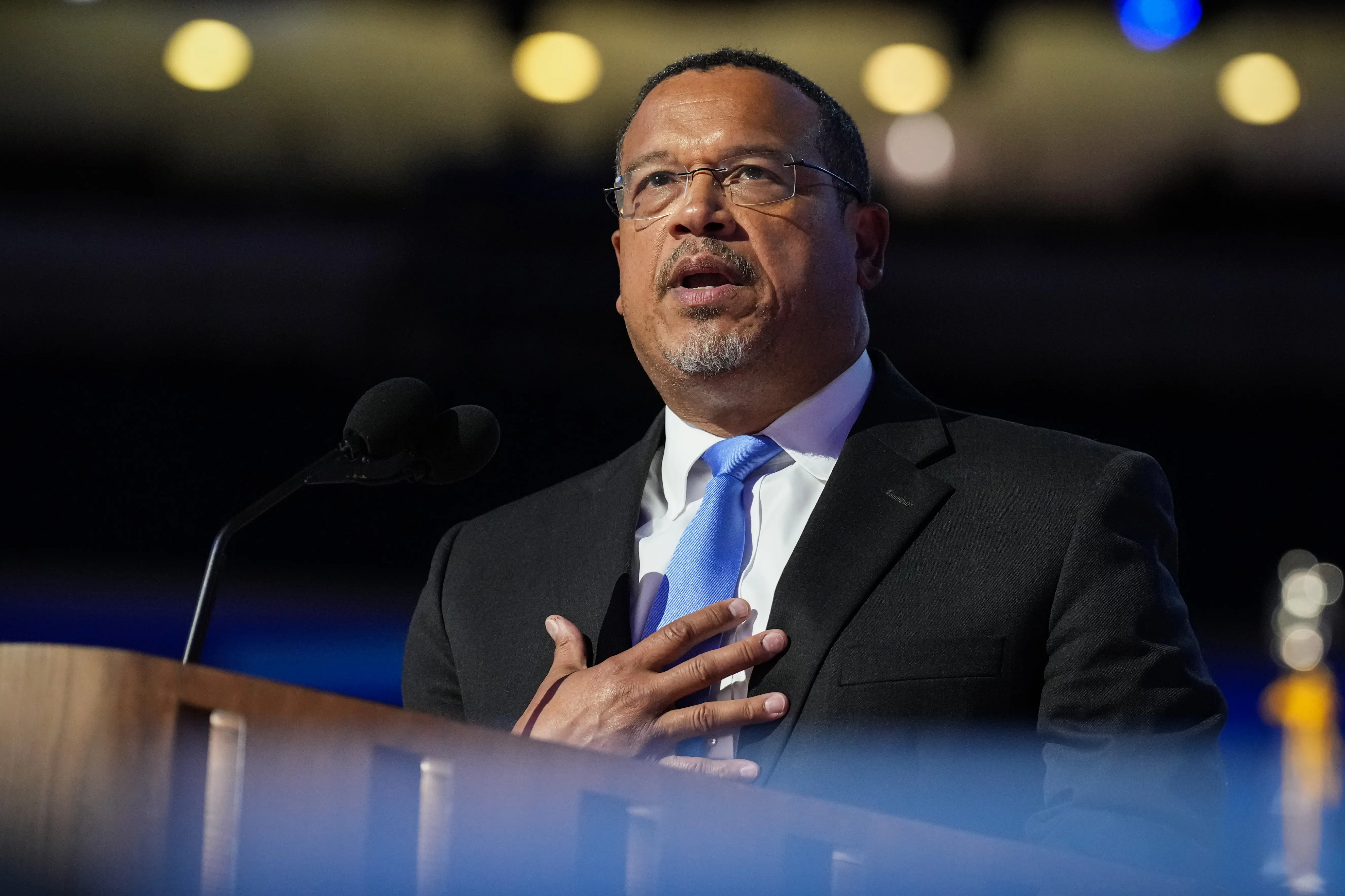CHICAGO, ILLINOIS - AUGUST 21:  Minnesota Attorney General Keith Ellison speaks on stage during the third day of the Democratic National Convention at the United Center on August 21, 2024 in Chicago, Illinois. Delegates, politicians, and Democratic Party supporters are in Chicago for the convention, concluding with current Vice President Kamala Harris accepting her party's presidential nomination. The DNC takes place from August 19-22.   (Photo by Andrew Harnik/Getty Images)