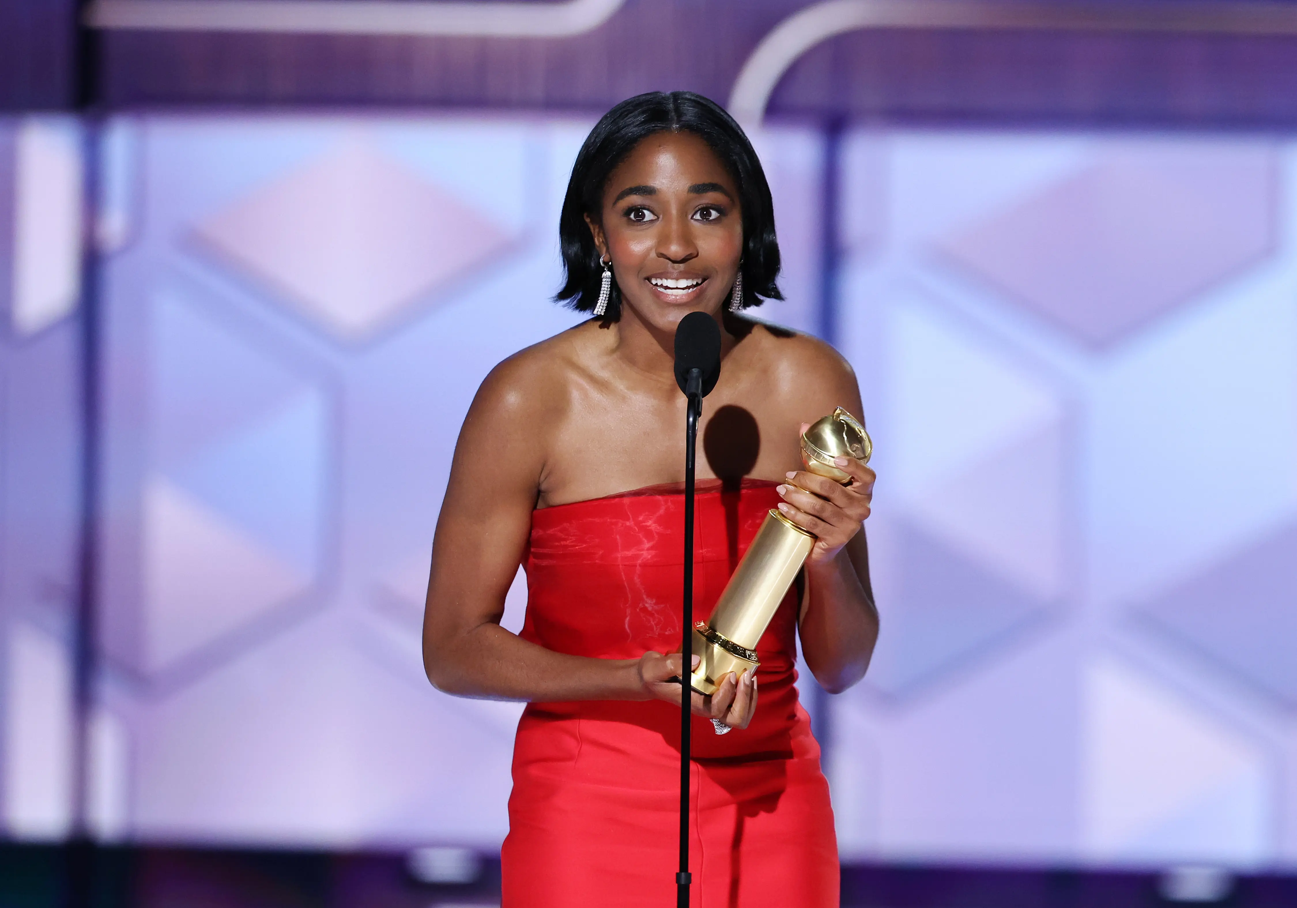 Ayo Edebiri accepts award for Best Performance by a Female Actor in a Television Series  Musical or Comedy for "The Bear" at the 81st Golden Globe Awards held at the Beverly Hilton Hotel on January 7, 2024 in Beverly Hills, California. (Photo by Rich Polk/Golden Globes 2024/Golden Globes 2024 via Getty Images)