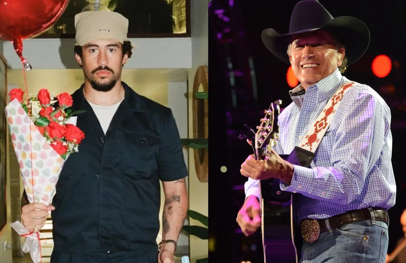Petition launched for NFL to replace Bad Bunny with country star George Strait as the headliner. (Image via Instagram/@badbunnypr, @georgestrait)