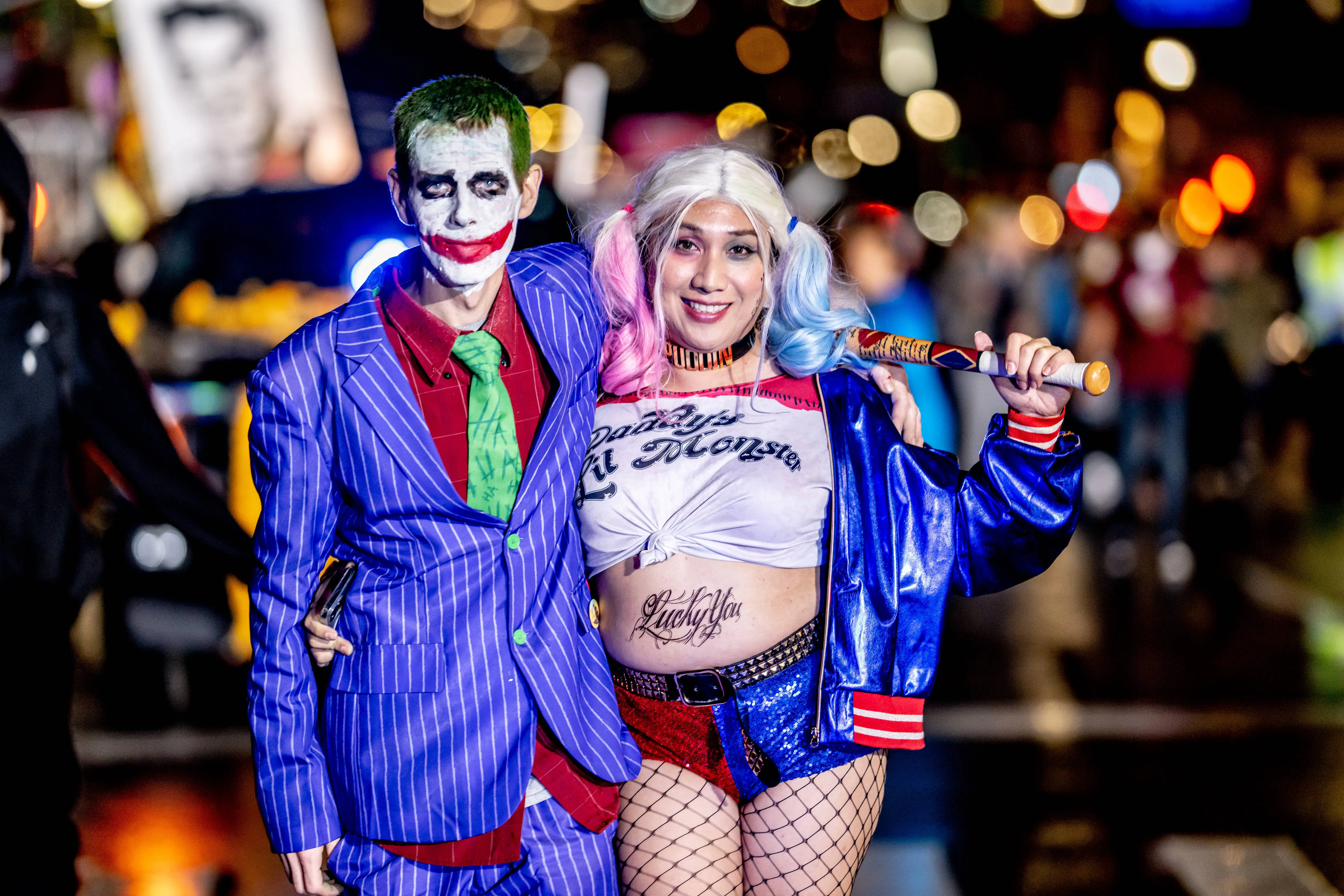 NEW YORK, NEW YORK - OCTOBER 31: Parade participants in a The Joker and Harley Quinn costumes attend the 2022 Halloween Parade on October 31, 2022 in New York City. (Photo by Roy Rochlin/Getty Images)