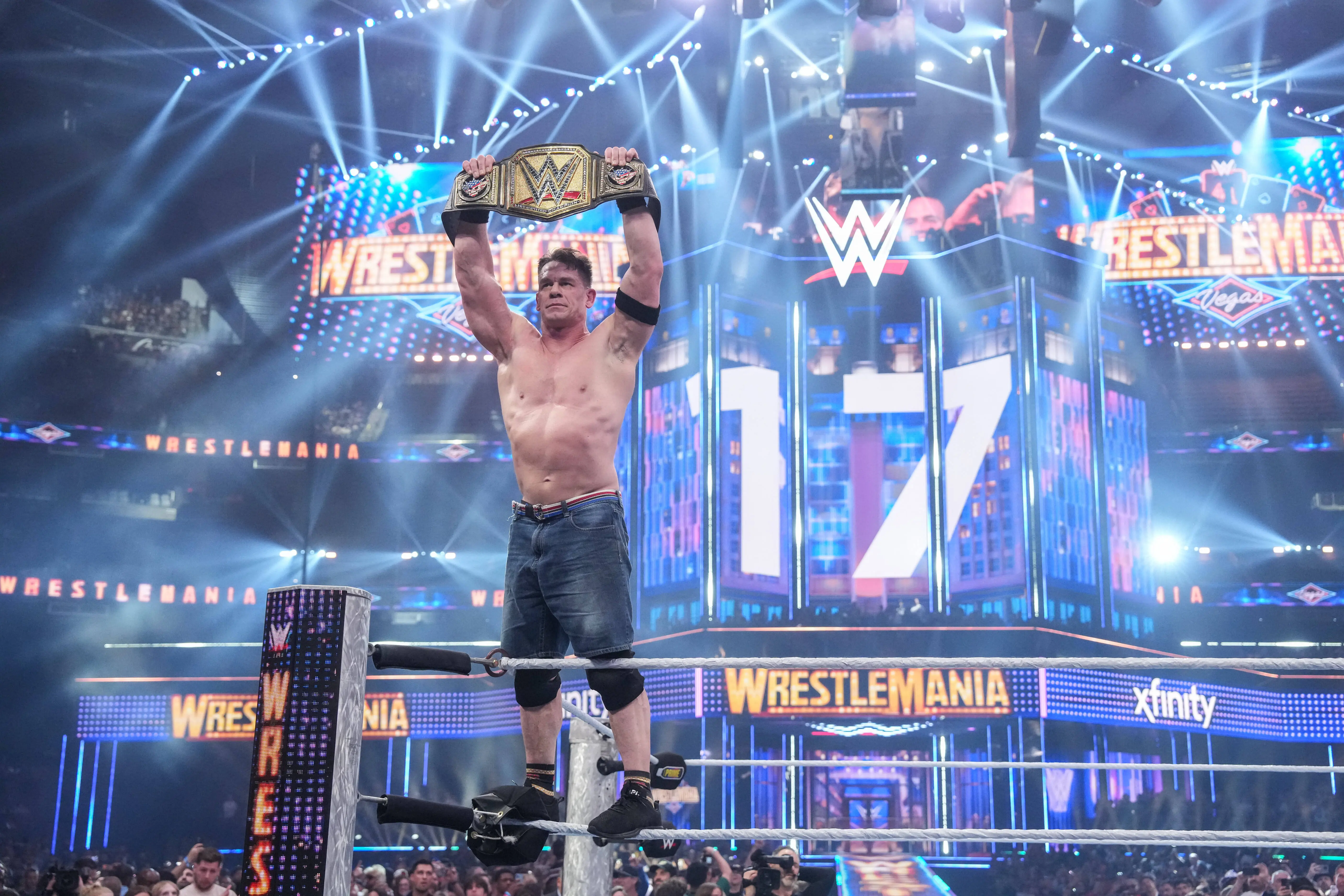 LAS VEGAS, NEVADA - APRIL 20: John Cena celebrates his win during WrestleMania 41 Sunday at Allegiant Stadium on April 20, 2025 in Las Vegas, Nevada. (Photo by Rich Freeda/WWE via Getty Images)