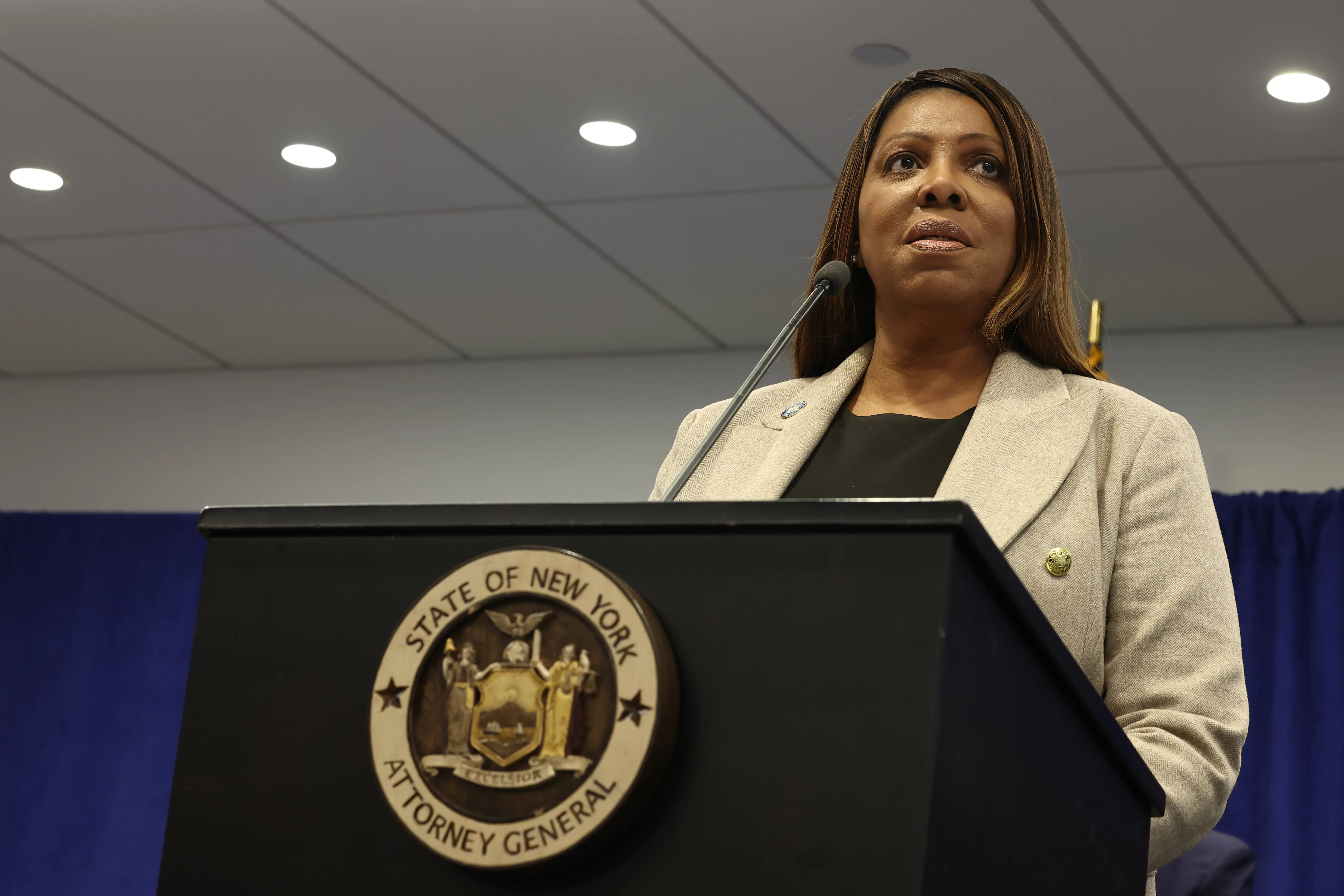 NEW YORK, NEW YORK - JANUARY 08: NY Attorney General Letitia James speaks during a press conference at the offices of the Attorney General on January 08, 2025 in New York City. James spoke about new measures to stop transportation companies from the use of fake billing schemes to steal from Medicaid and vulnerable patients.The attorney general issued cease and desist notices to 54 transportation companies throughout NY.  (Photo by Michael M. Santiago/Getty Images)