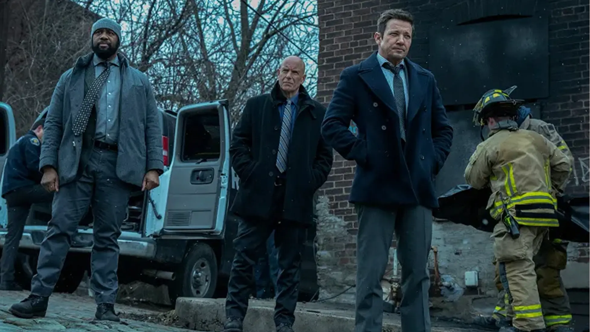 Derek Webster as Stevie, Hugh Dillon as Ian, and Jeremy Renner as Mike McLusky in Mayor of Kingstown season 4. Credit: Dennis P. Mong Jr./Paramount+
