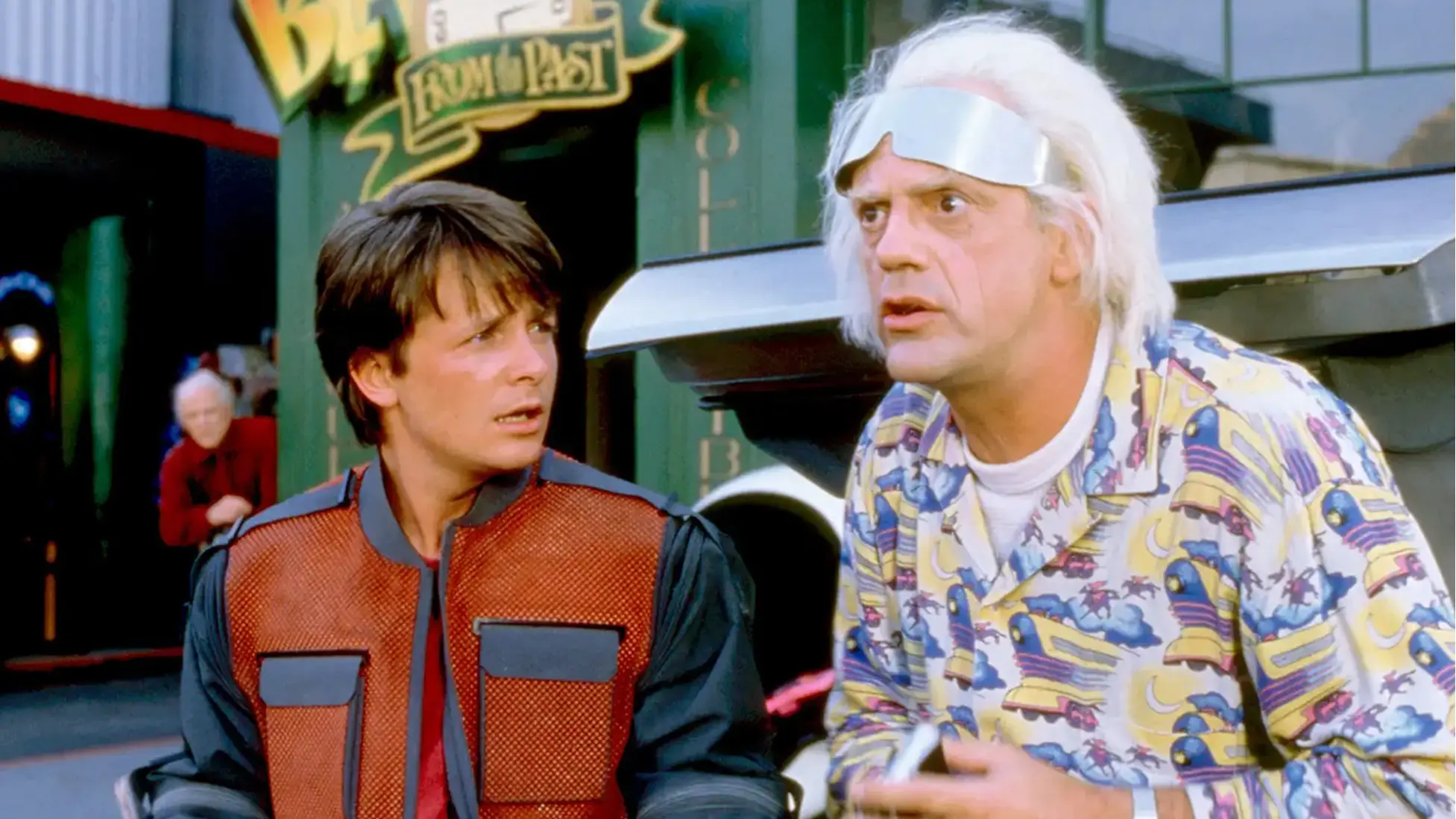 Michael J. Fox as Marty McFly and Christopher Lloyd as Doc Brown in Back to the Future Part II. Image via Prime Video