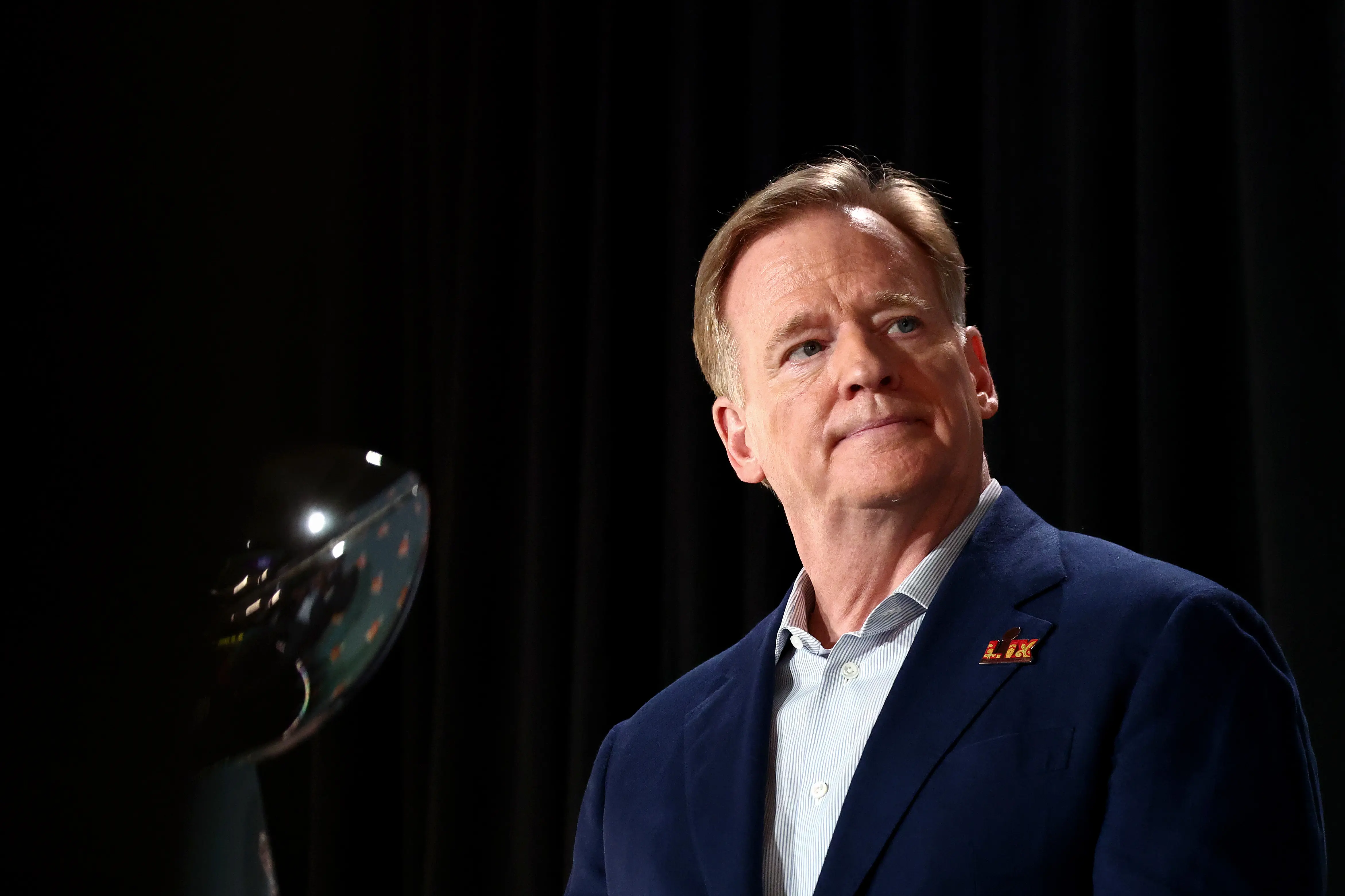 NEW ORLEANS, LOUISIANA - FEBRUARY 03: NFL Commissioner Roger Goodell speaks during a press conference ahead of the Super Bowl LIX at Caesars Superdome on February 03, 2025 in New Orleans, Louisiana. (Photo by Chris Graythen/Getty Images)