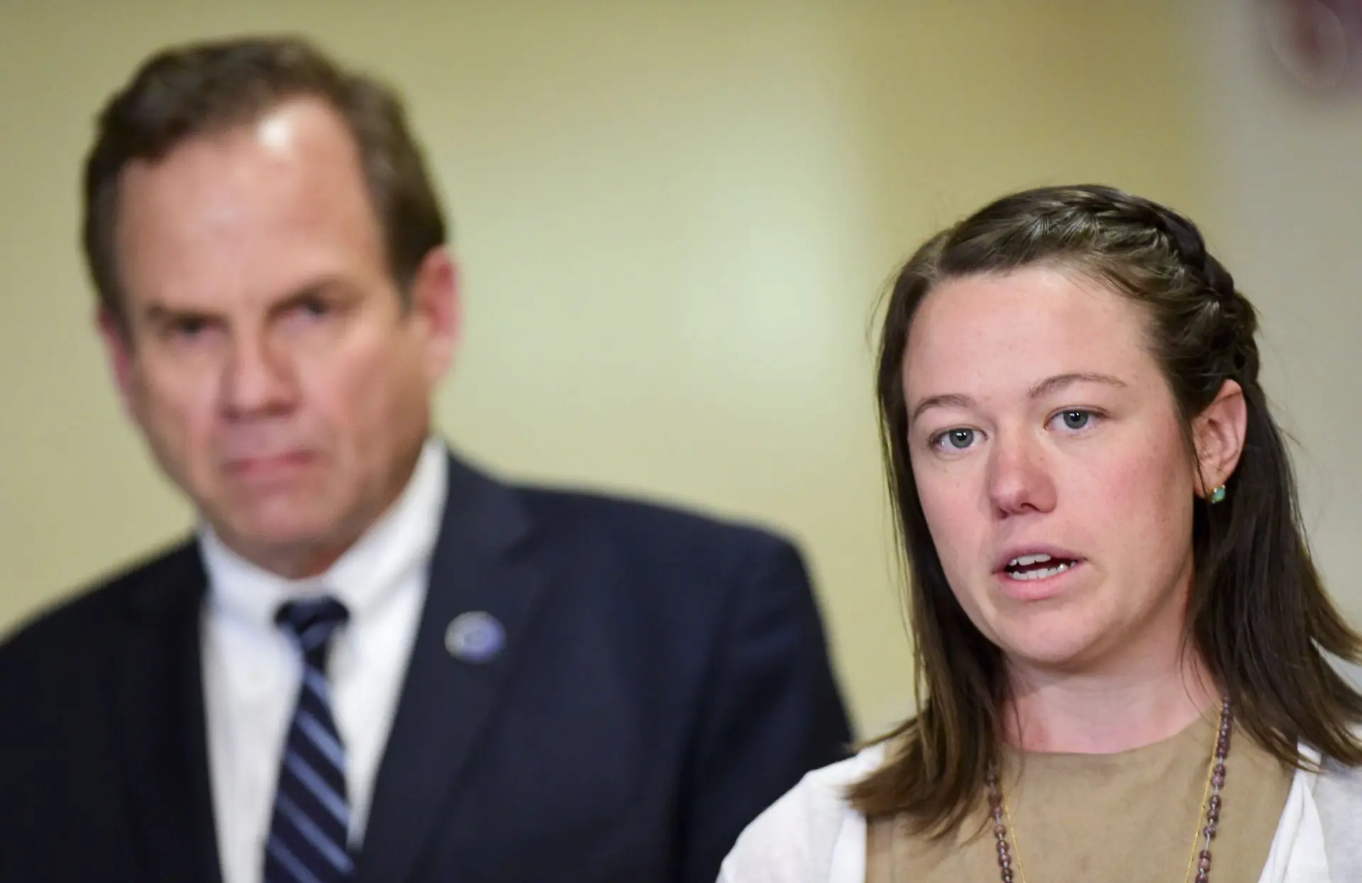 District Attorney Stan Garnett, Michelle Wilkins speak to members of the press after Dynel Lane was sentenced to 100 years at the Boulder County Justice Center on Friday, April 29, 2016. (Photo by Matthew Jonas/MediaNews Group/Longmont Times-Call via Getty Images)