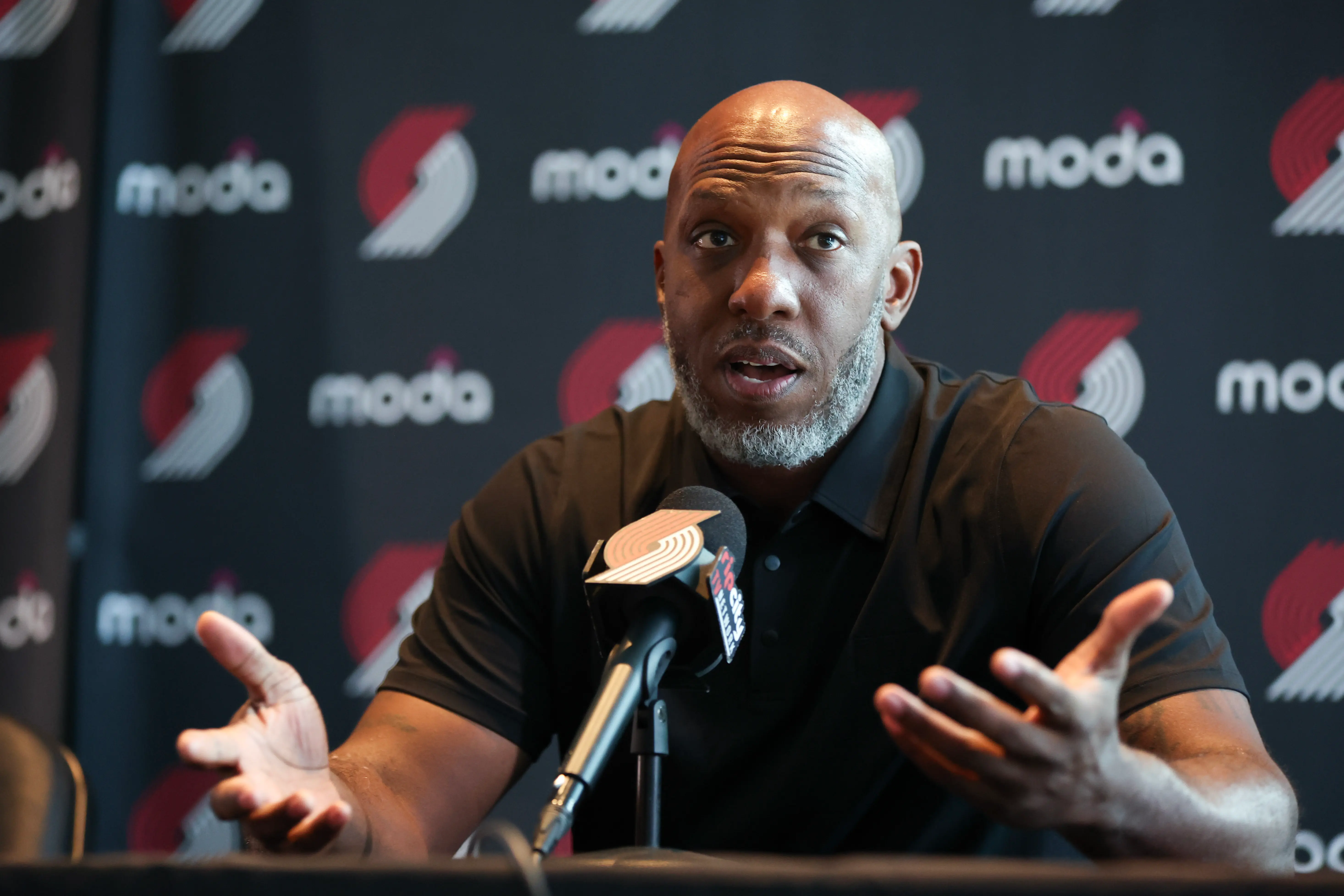 Head coach Chauncey Billups of the Portland Trail Blazers speaks during a press conference at Moda Center on July 21, 2025 in Portland, Oregon. (Photo by Amanda Loman/Getty Images)