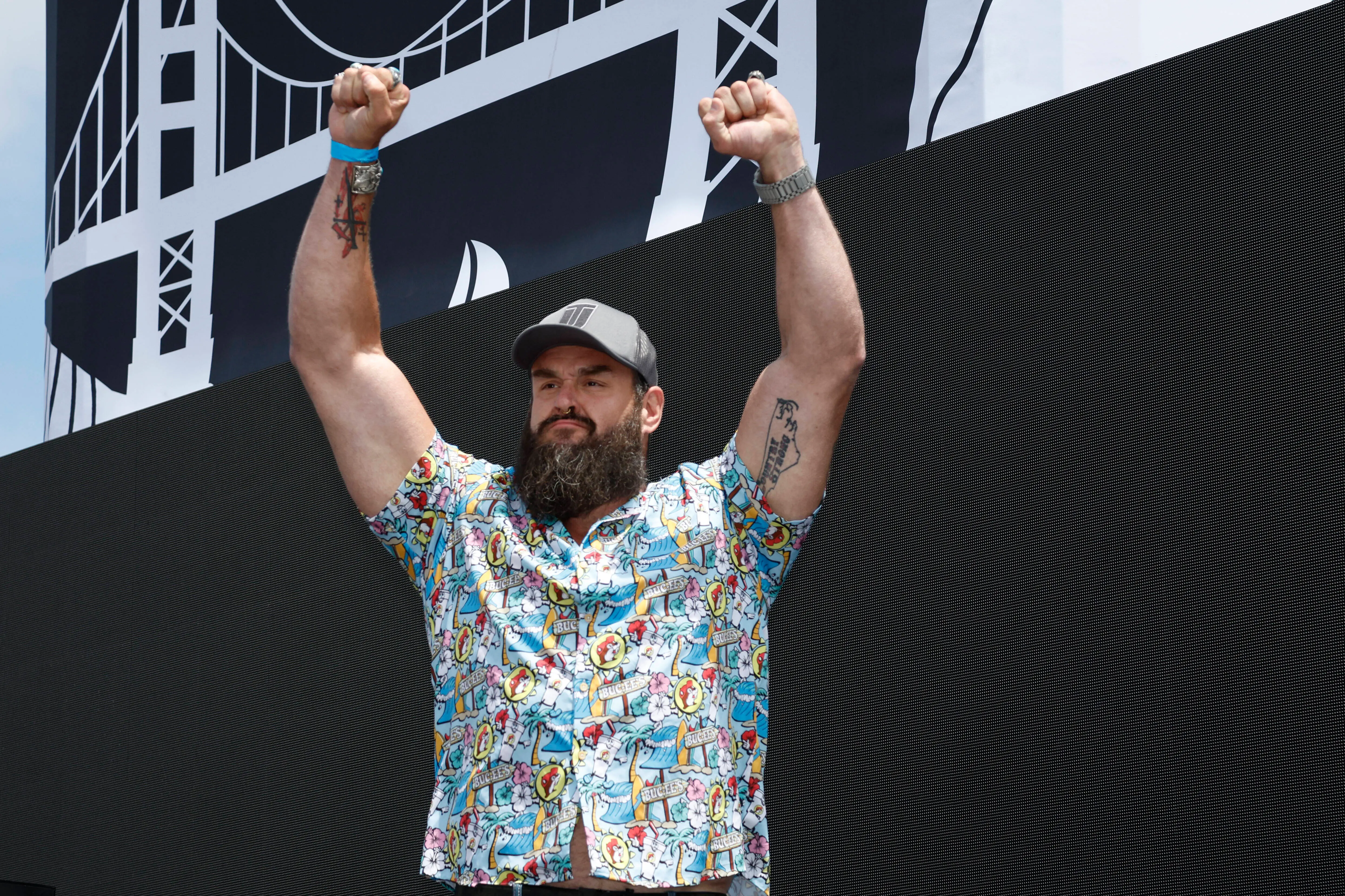WWE wrestler Braun Strowman walks onstage during pre-race ceremonies prior to the NASCAR Cup Series Toyota / Save Mart 350 (Image via Getty)