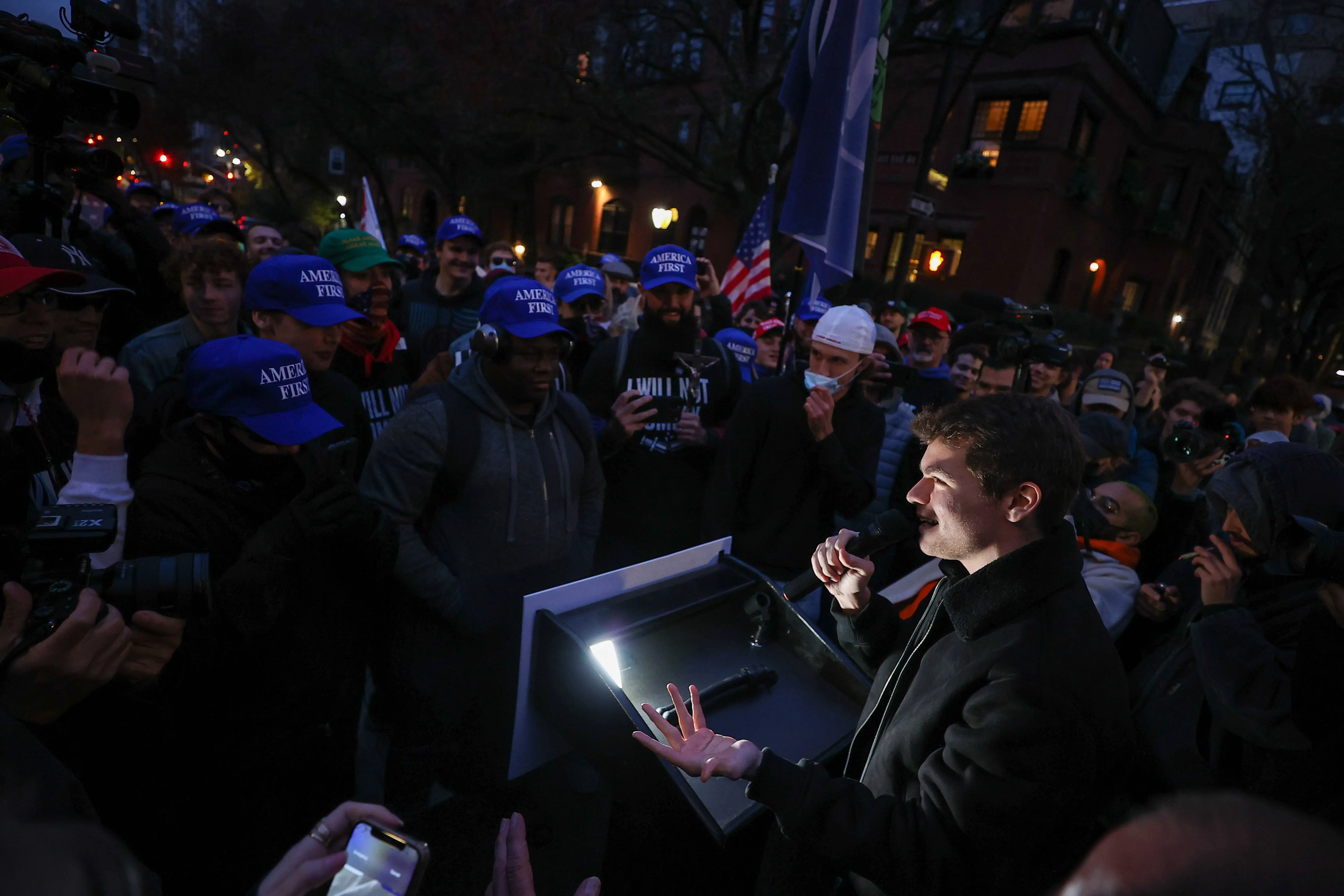 Nick Fuentes slams man in Nazi Uniform kicked out of Georgia college bar over attacking woman in camera (Photo by Tayfun Coskun/Anadolu Agency via Getty Images)