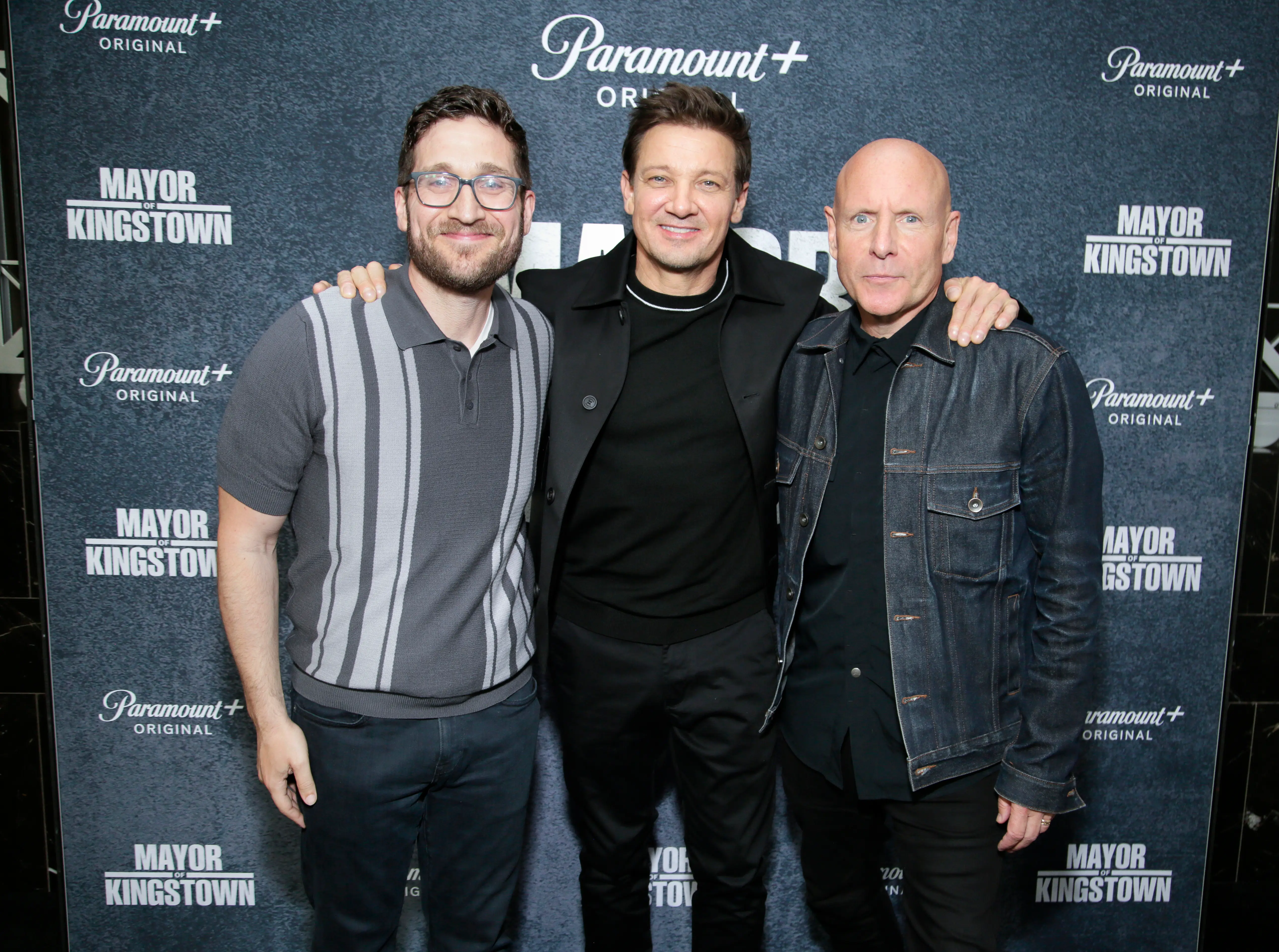 NEW YORK, NEW YORK - MAY 20: (L-R) Josh Horowitz, Jeremy Renner and Hugh Dillon attend the Mayor Of Kingstown special advanced screening event in NY on May 20, 2024 in New York City. (Photo by Santiago Felipe/Getty Images for Paramount+)