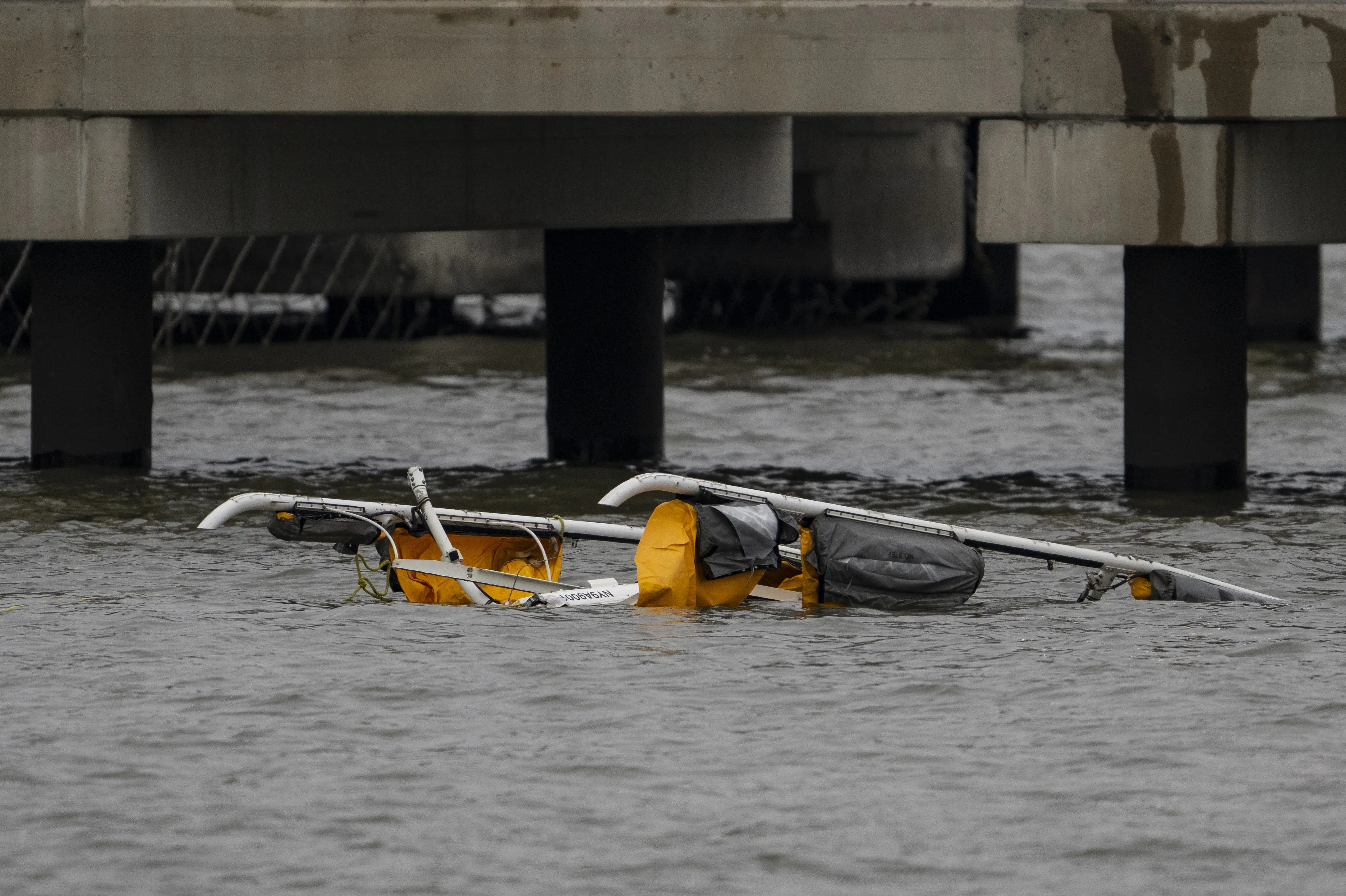 NEW YORK, UNITED STATES - APRIL 10: A helicopter is seen floating after it crashed into the Hudson River near lower Manhattan, on April 10, 2025 in New York, United States. All 6 passengers dead from helicopter crash into Hudson River near lower Manhattan, New York City Mayor Adams confirms. (Photo by Mostafa Bassim/Anadolu via Getty Images)