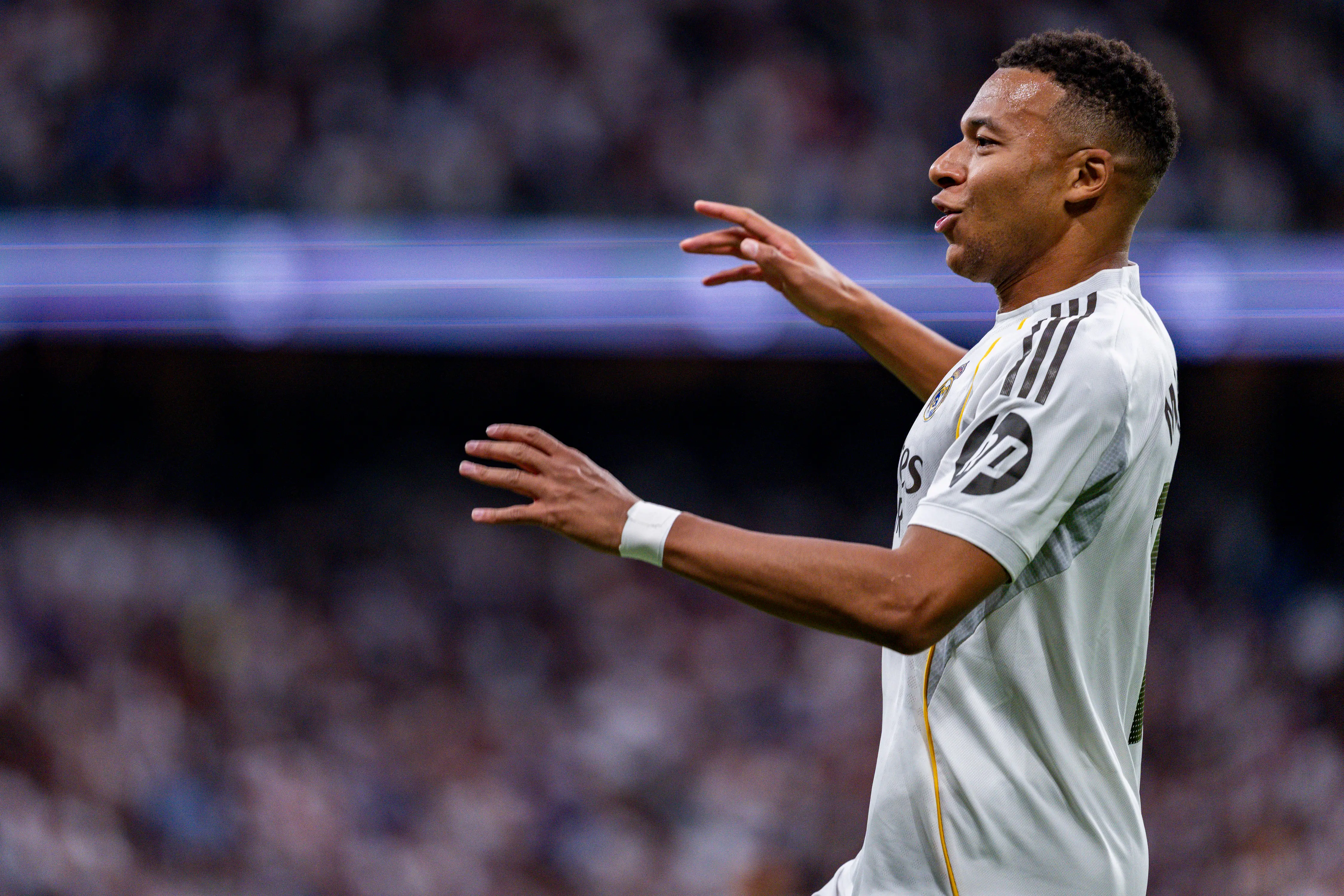 Kylian Mbappe of Real Madrid celebrates his goal during the LaLiga EA Sports football match between Real Madrid CF and FC Barcelona at Estadio Santiago Bernabeu in Madrid, Spain, on October 26, 2025. (Photo by Alberto Gardin/NurPhoto via Getty Images)