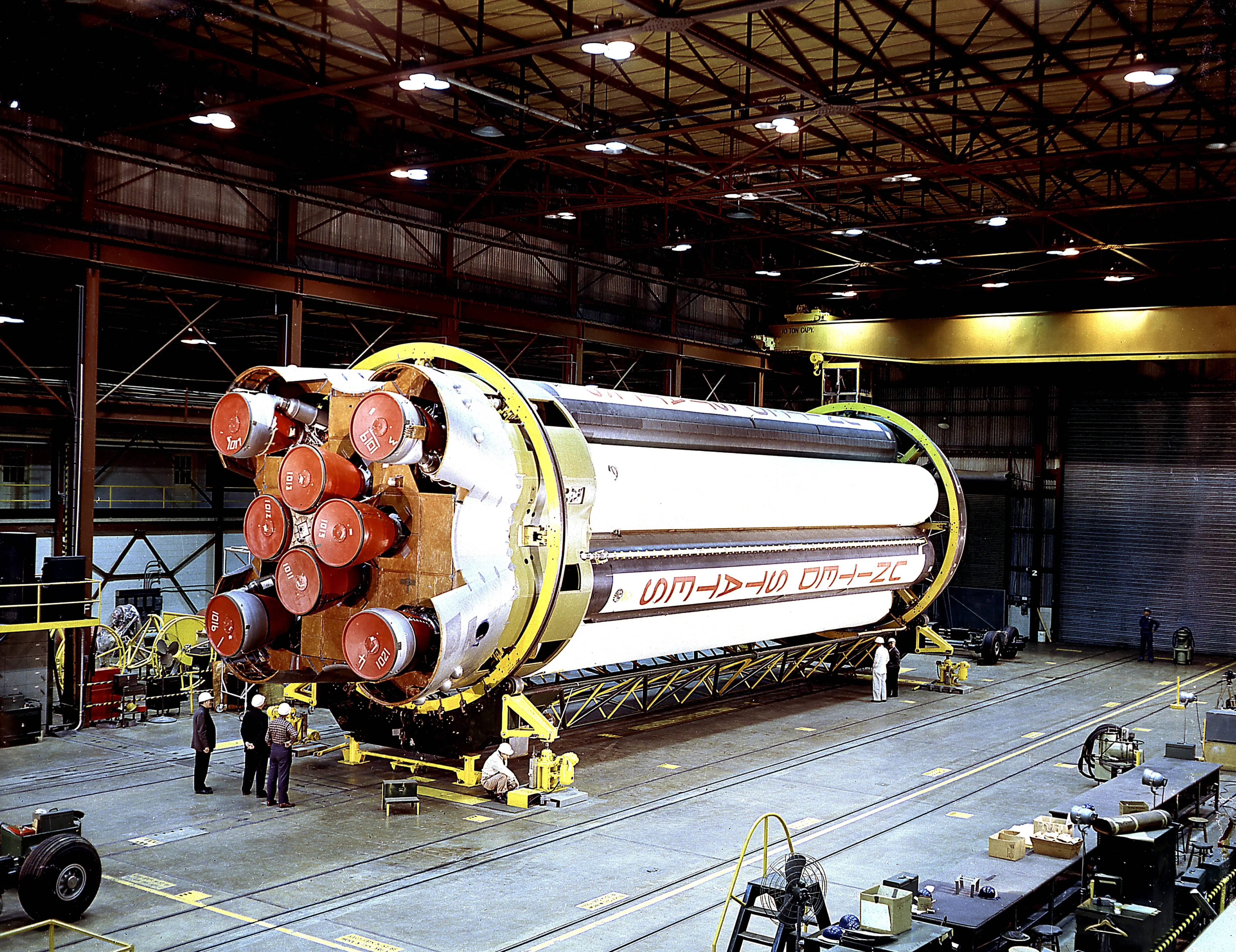 NASA engineers preparing the Saturn I S-I stage rockets in Building 4705 at Marshall Space Flight Center, Huntsville, Alabama, 1961. Image courtesy National Aeronautics and Space Administration (NASA). (Image via Getty)
