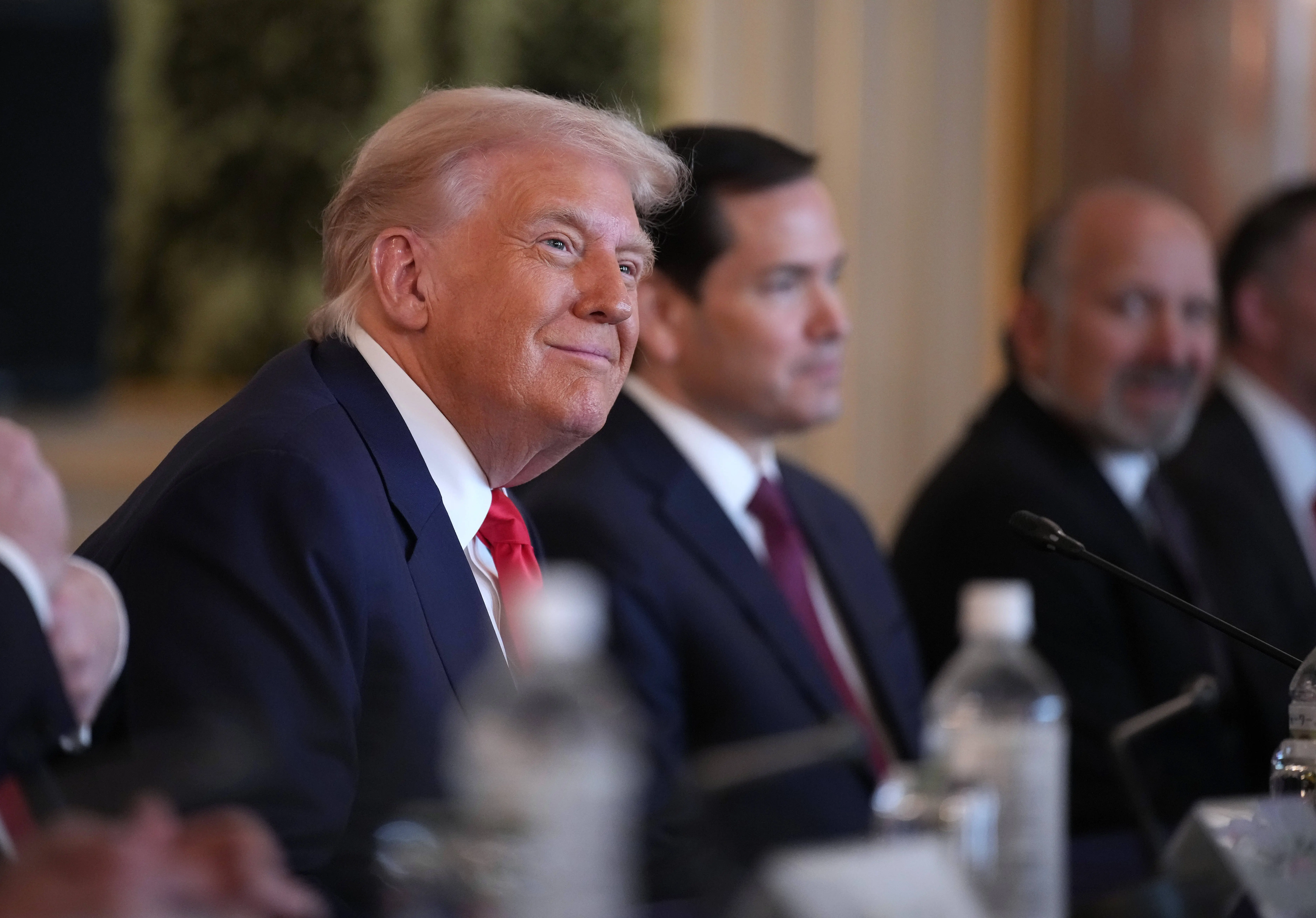 U.S. President Donald Trump looks on during a meeting with Japanese Prime Minister Sanae Takaichi at Akasaka Palace on October 28, 2025 in Tokyo, Japan. Trump is on a visit to Asia that takes in the ASEAN summit in Malaysia, followed by a trip to Japan and South Korea ahead of the APEC meetings. (Photo by Andrew Harnik/Getty Images)